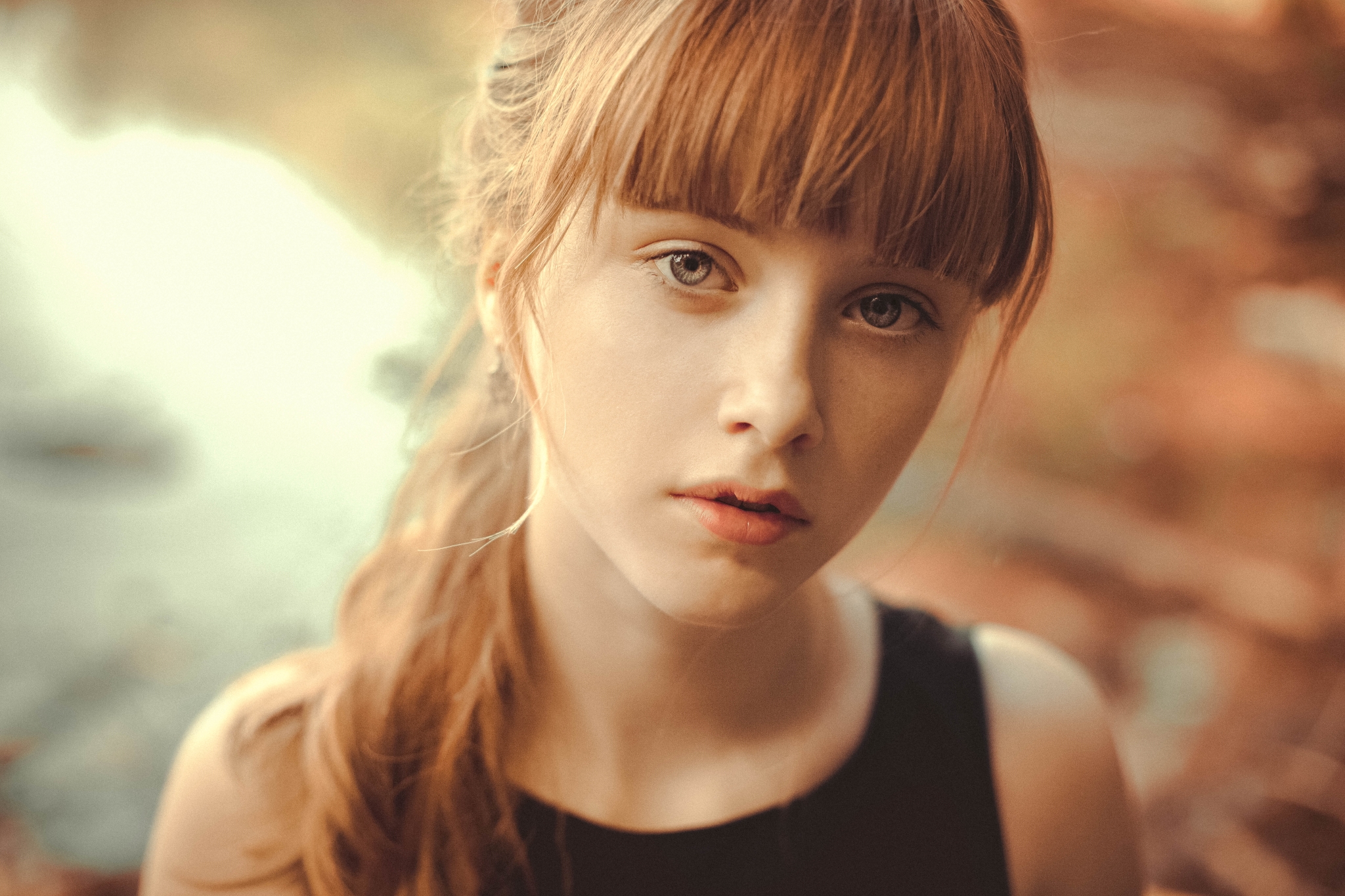 People 2048x1365 Anne Hoffmann women model gray eyes looking at viewer portrait ponytail depth of field women outdoors face closeup parted lips bokeh bangs outdoors redhead young women