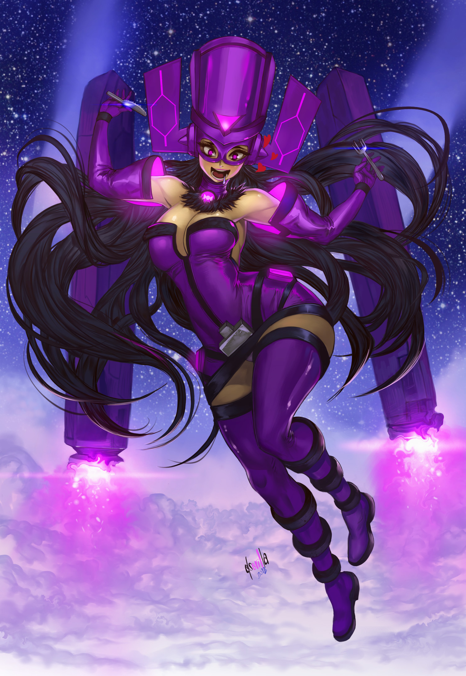 Anime 1500x2174 Hector Sevilla Lujan women brunette long hair purple dress boots Fly concept art Galactus helmet gloves space Marvel Comics