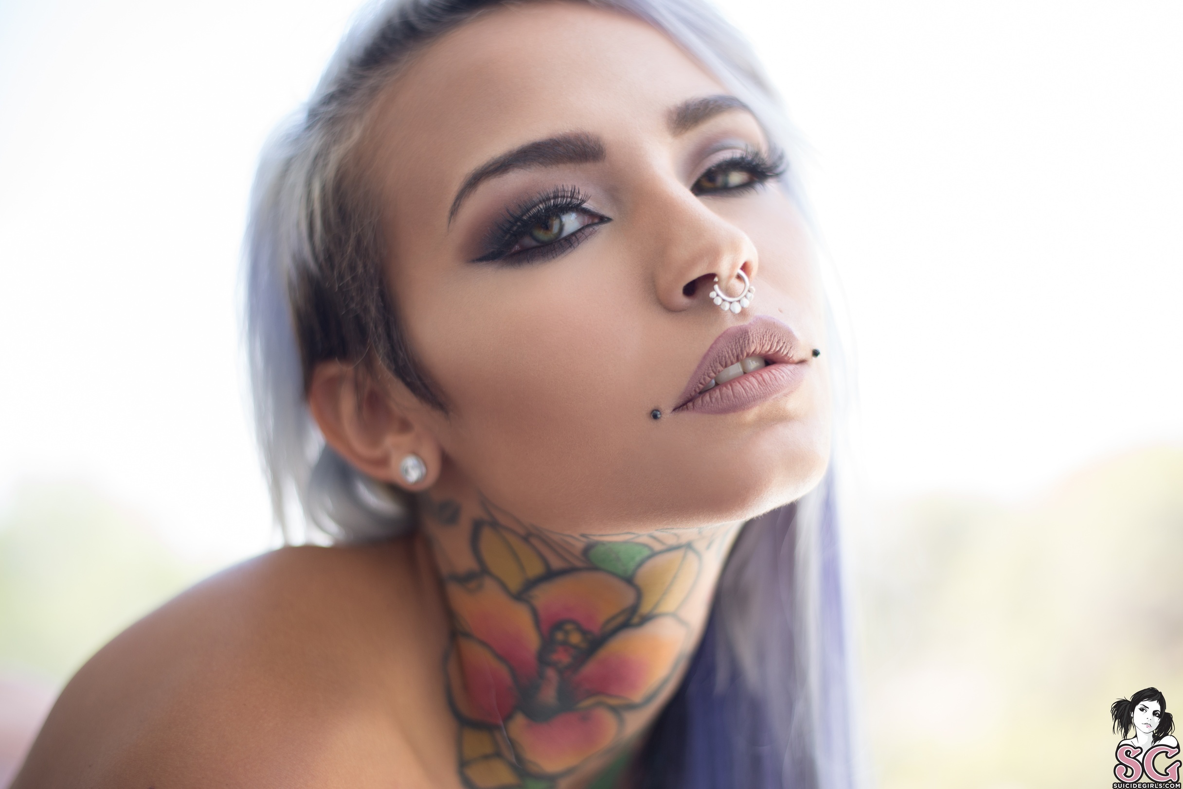 People 2432x1623 Fishball Suicide Suicide Girls blue hair pierced nose women simple background watermarked