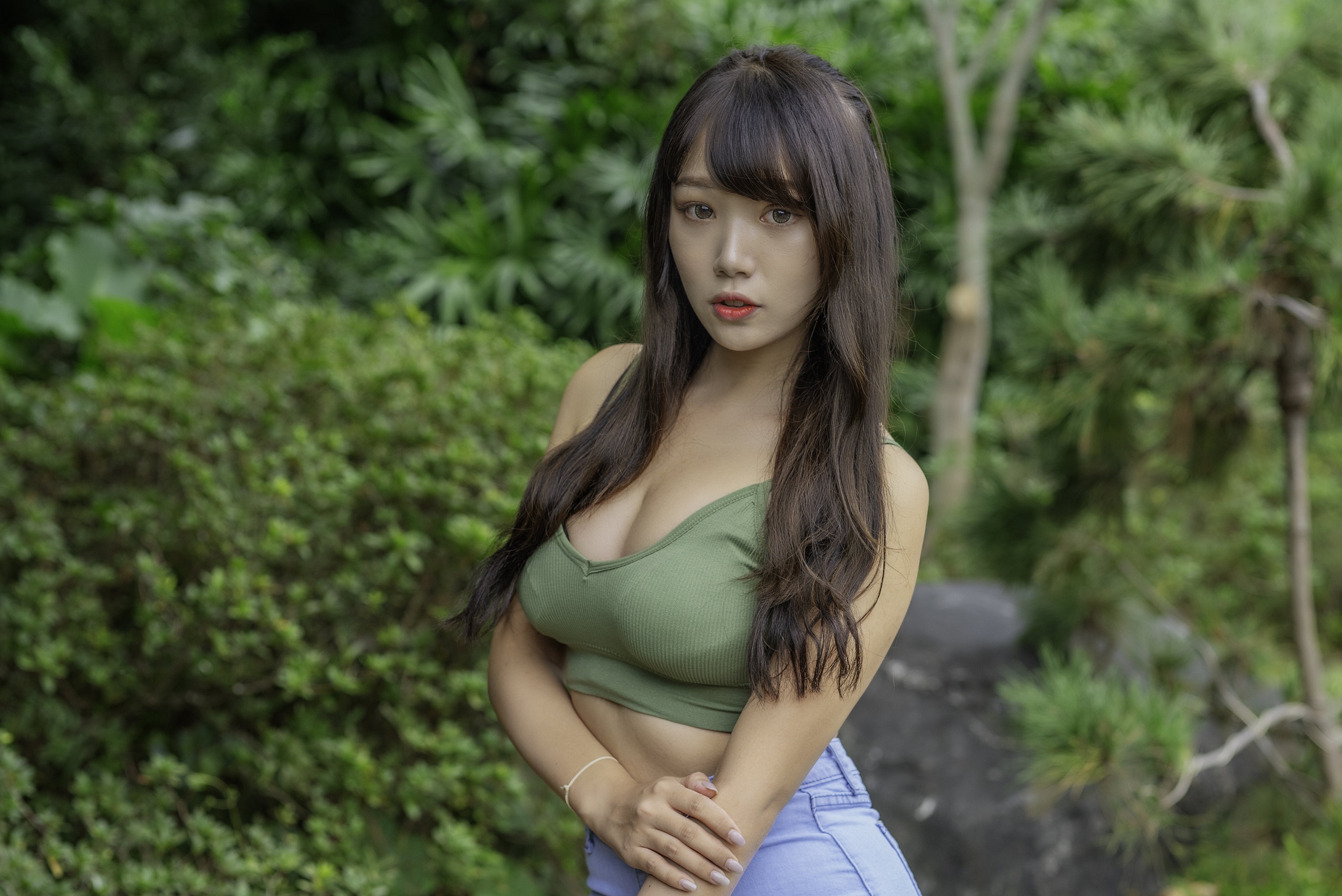 People 2560x1709 Asian women model portrait brunette long hair looking at viewer cleavage tank top green top jean shorts depth of field outdoors women outdoors makeup Linnnng