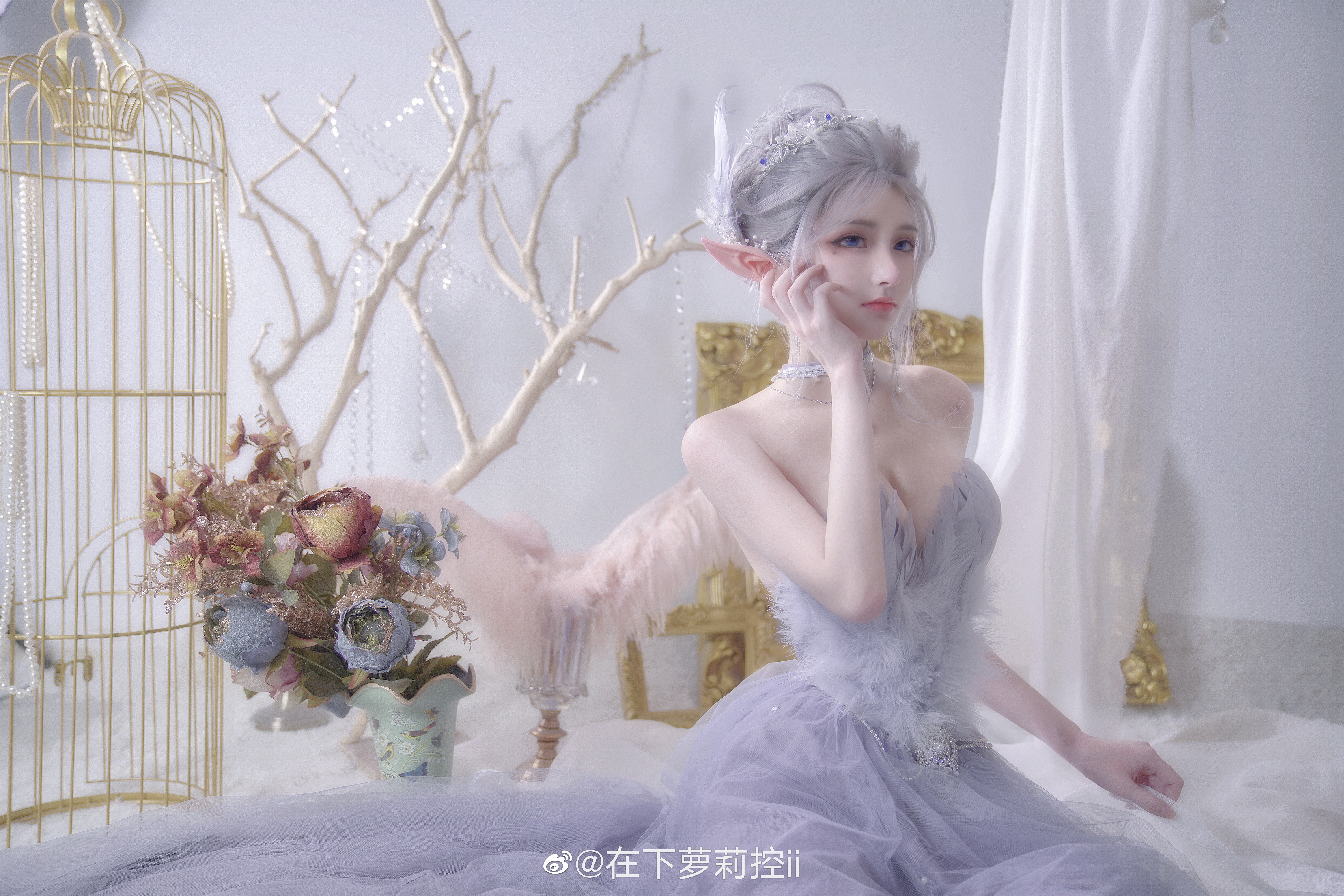 People 6000x4000 women model indoors women indoors necklace bare shoulders blue eyes Maou Sama Asian cosplay 4K watermarked Chinese kanji dress rose standing pointy ears moles mole under eye closed mouth gray hair