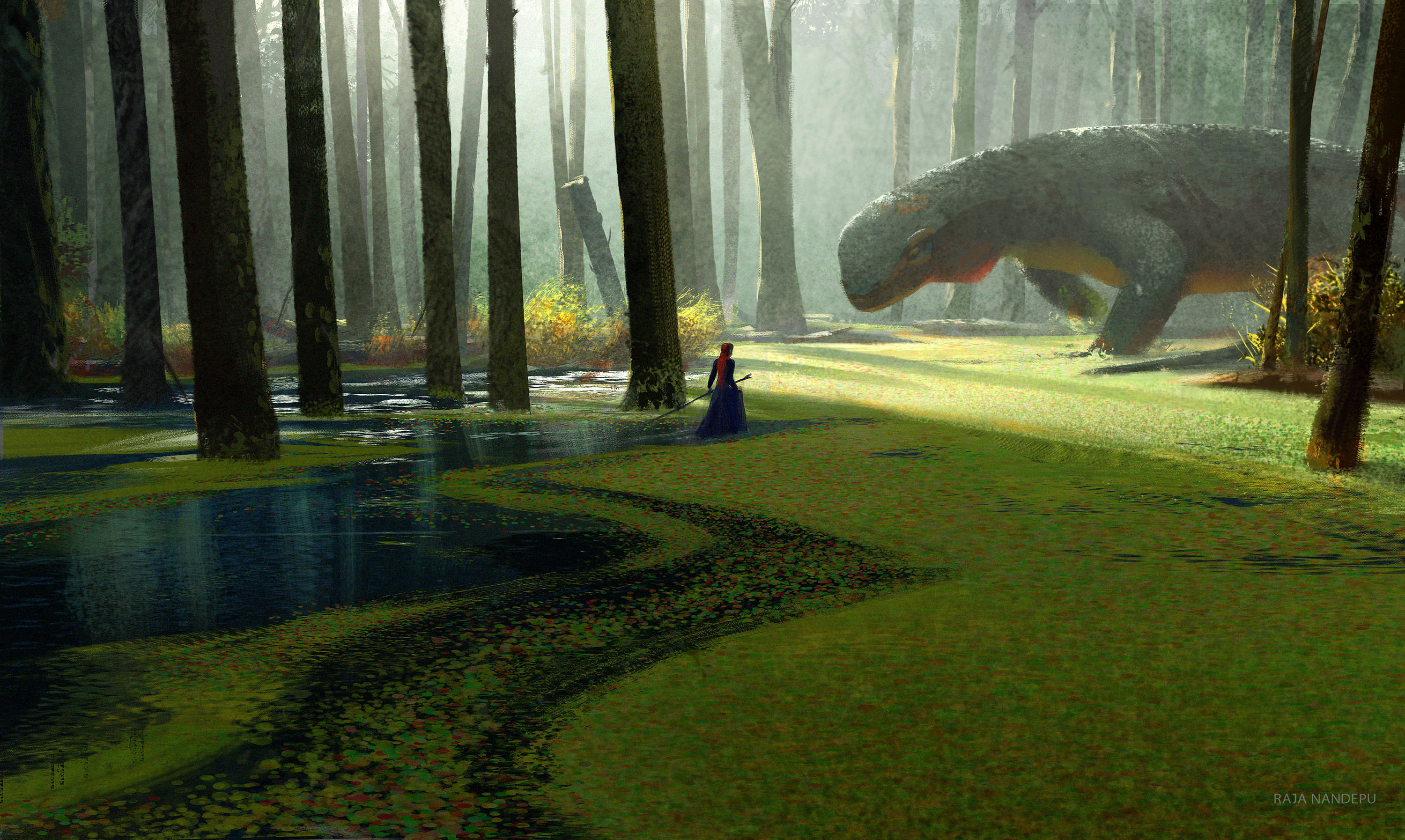 General 3000x1794 digital art artwork concept art fantasy art swamp creature trees leaves witch Raja Nandepu