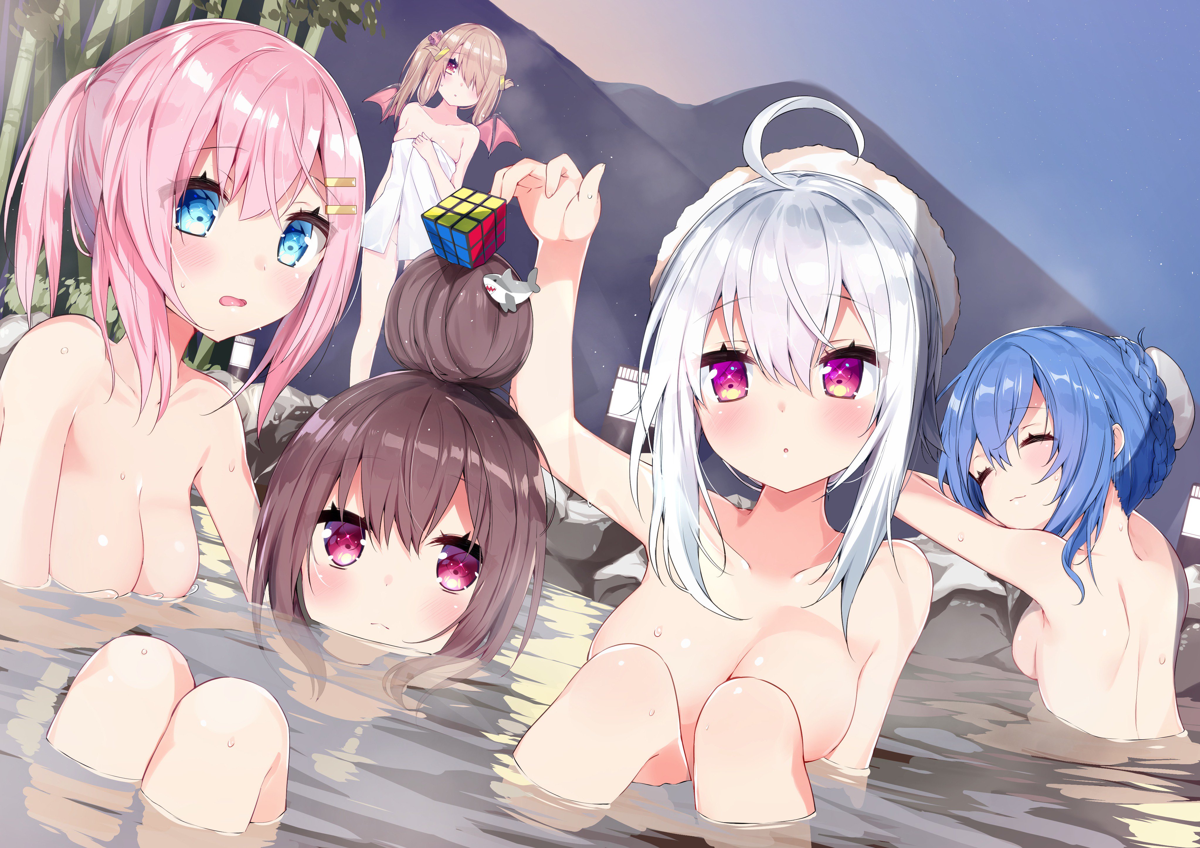 Anime 4093x2894 anime anime girls bikini group of women blue eyes pink hair Rubik's Cube closed eyes