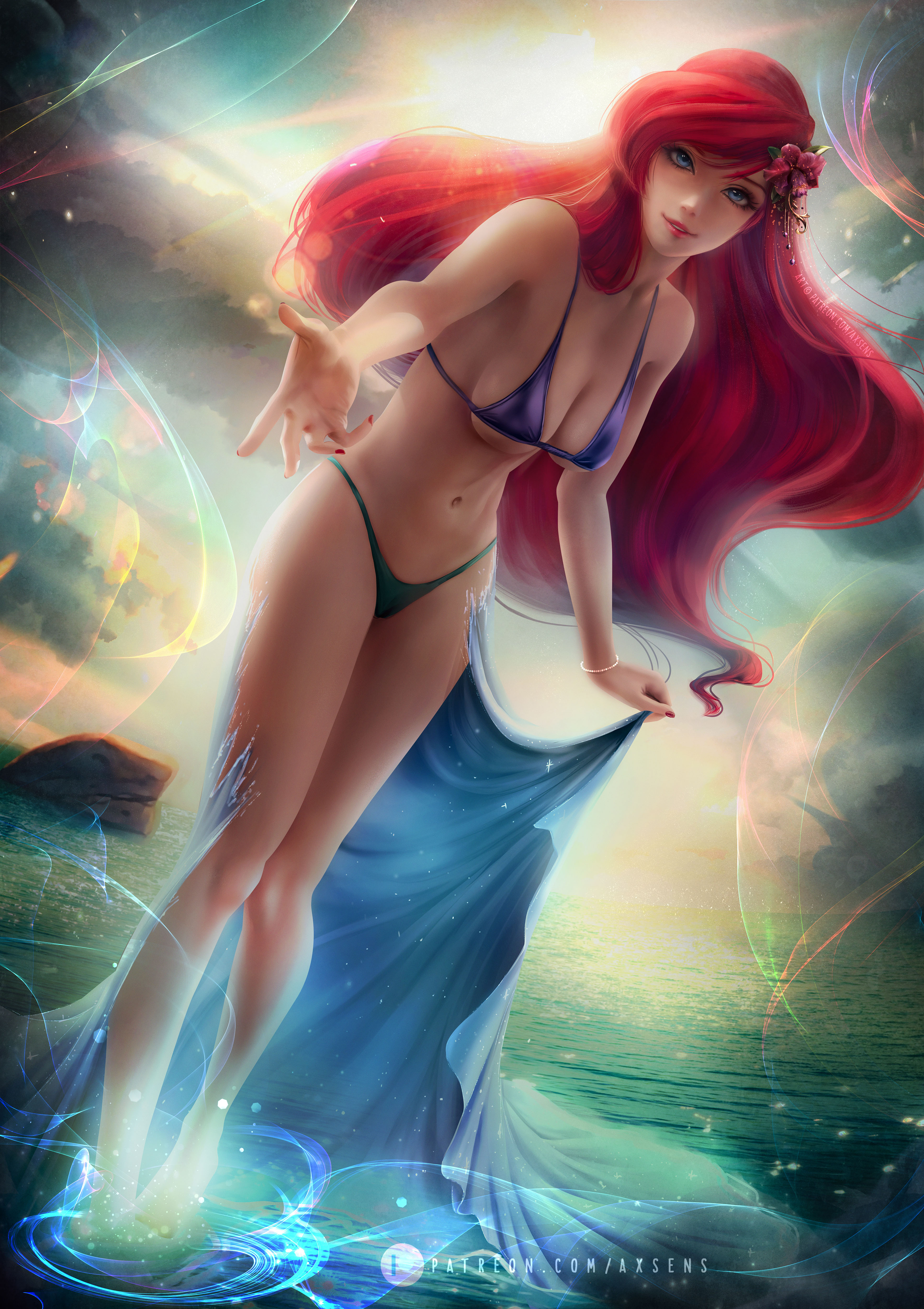 General 3532x5000 illustration artwork digital art fan art Axsens drawing The Little Mermaid long hair redhead Disney Disney princesses lingerie belly women water