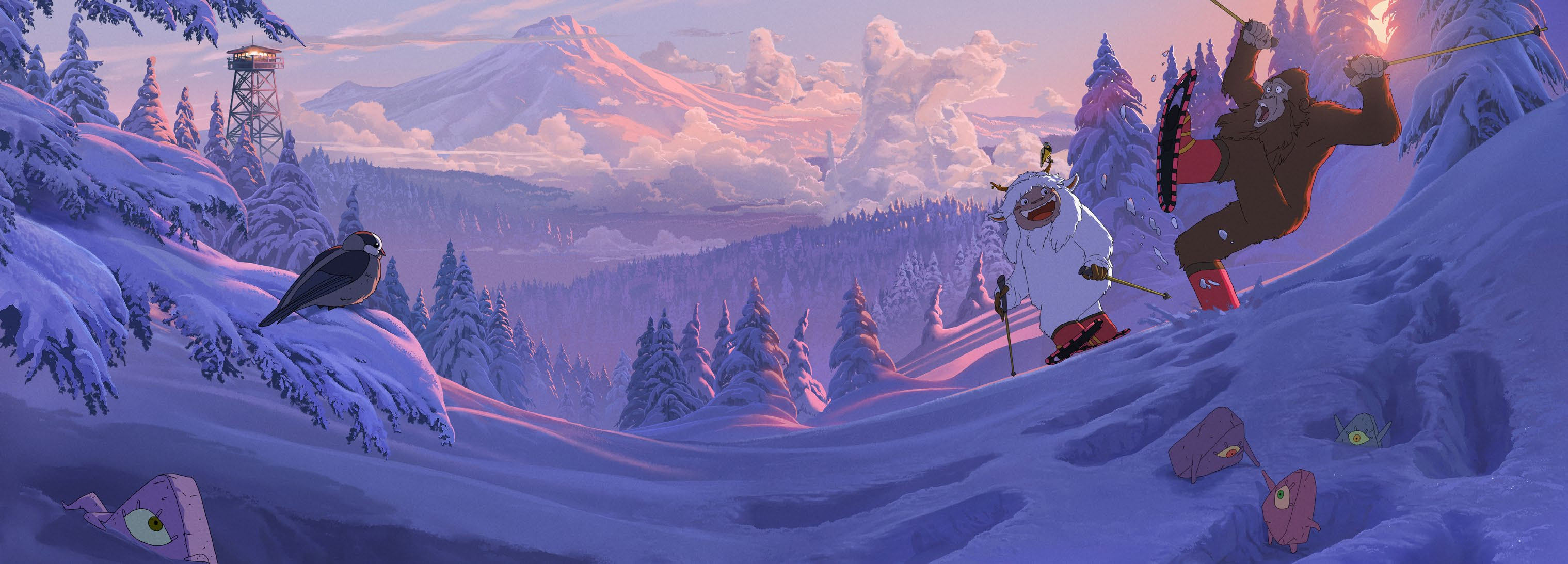 General 3038x1093 Oregon Portland Studio Ghibli Hayao Miyazaki Yeti sasquatch squatch digital painting landscape vacation snowshoes anime