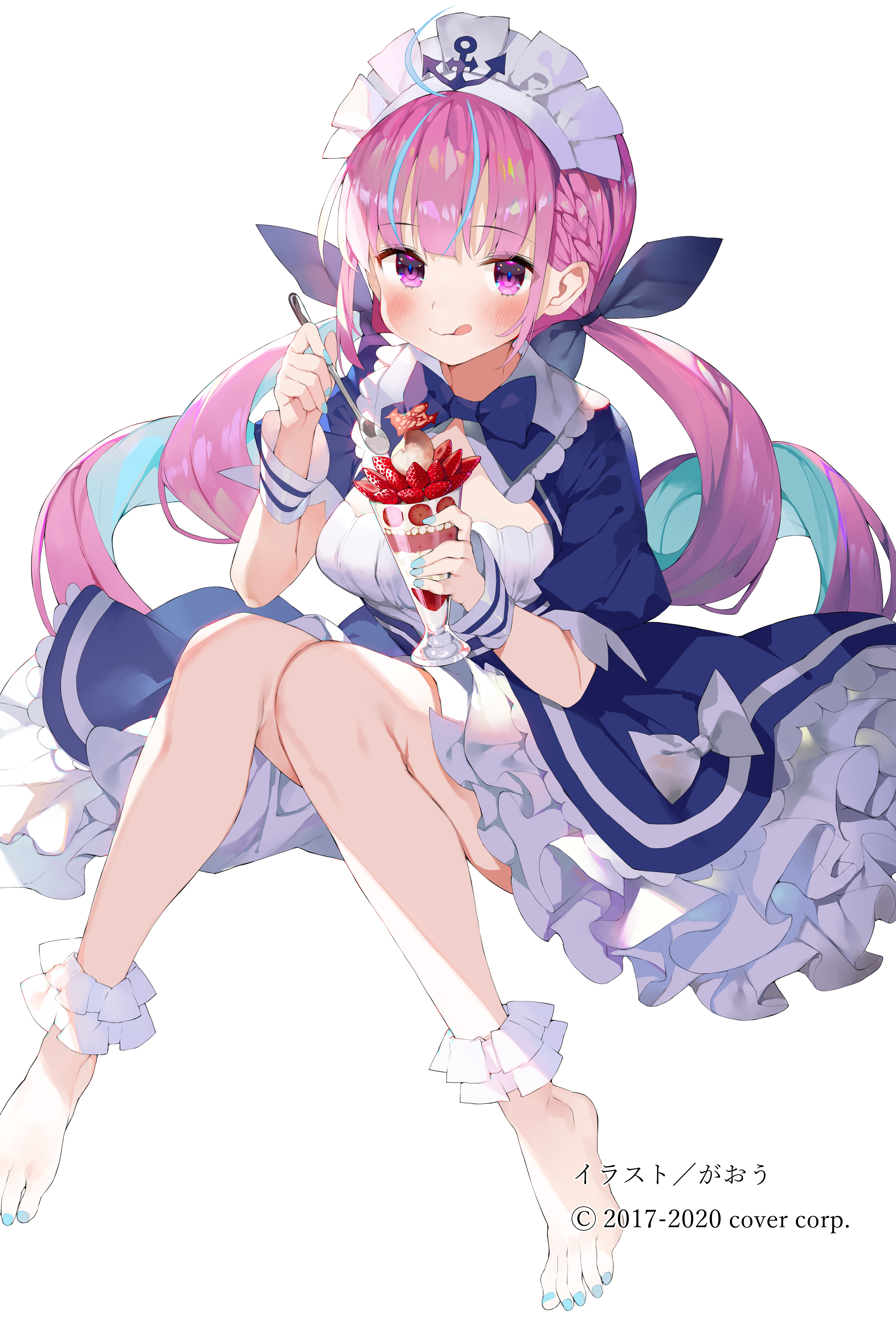 Anime 5184x7676 anime anime girls digital art artwork portrait display 2D Hololive Virtual Youtuber Minato Aqua Gaou multi-colored hair pink hair purple eyes tongue out ice cream maid outfit waitress barefoot twintails