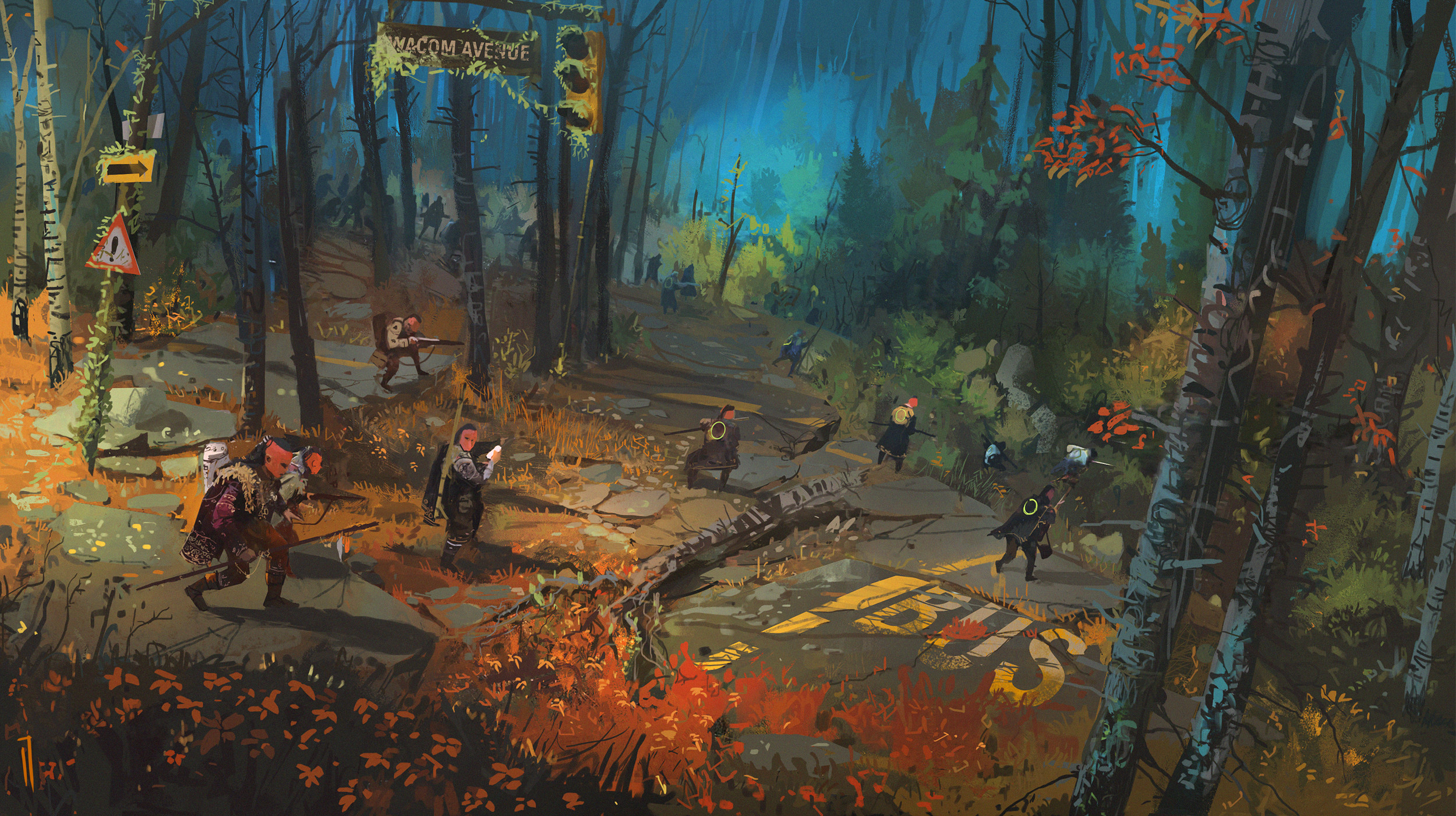 General 2500x1400 forest digital art cyberpunk signs science fiction trees environment road Ismail Inceoglu
