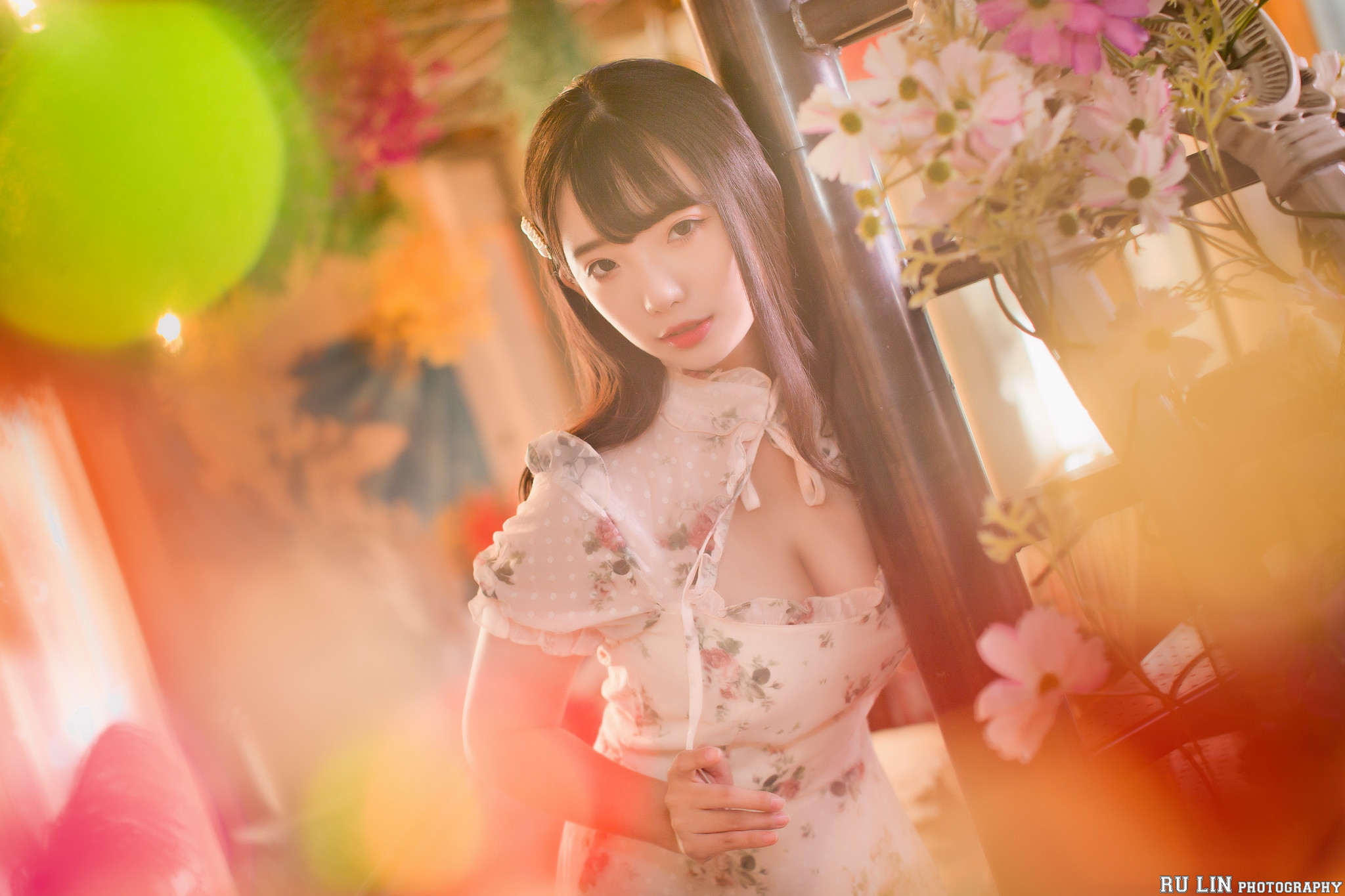 People 2048x1365 Ning Shioulin women model Asian portrait display looking at viewer bokeh Chinese dress cheongsam cleavage dress flowers indoors women indoors Chinese