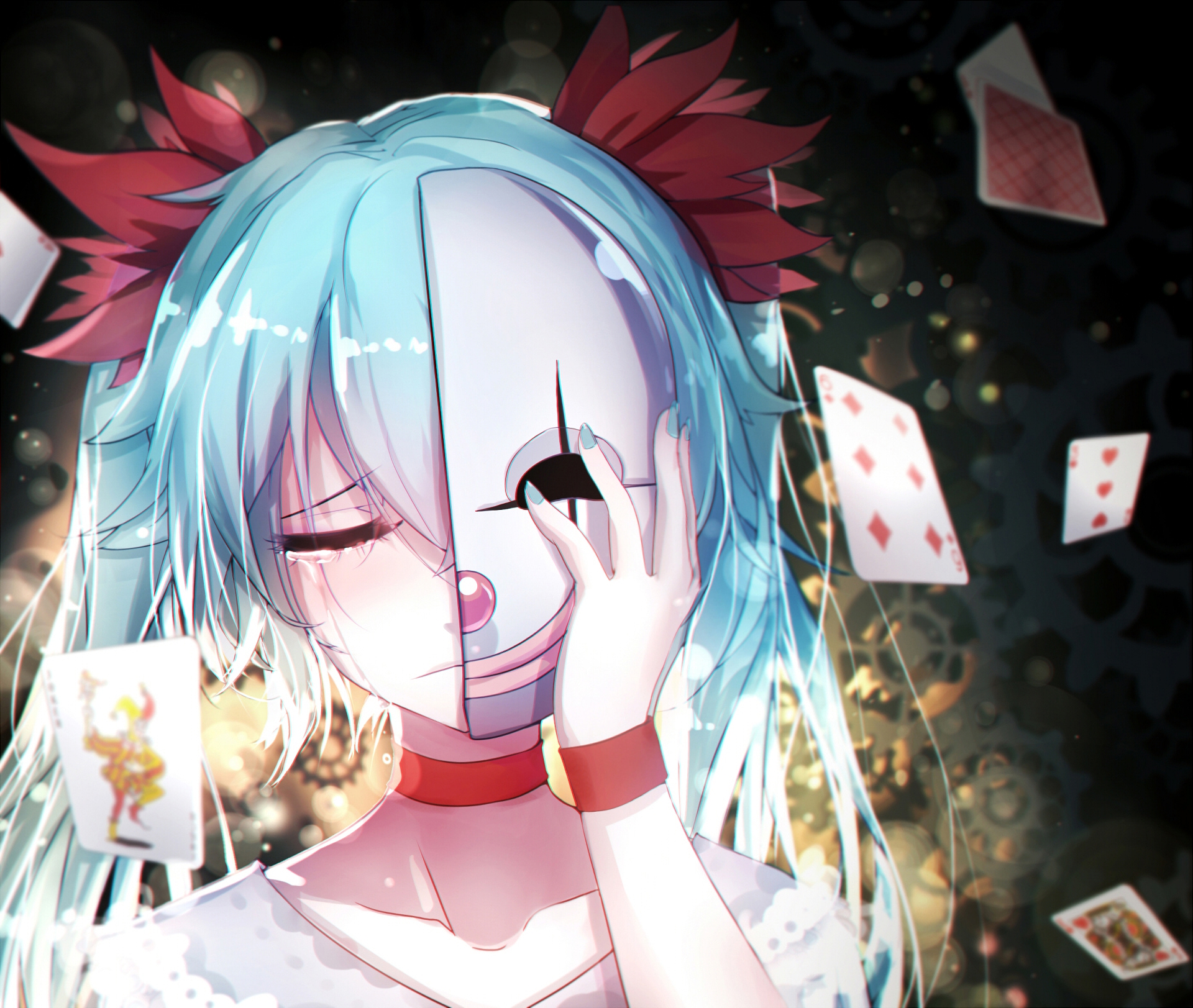 Anime 1920x1623 anime girls Vocaloid Hatsune Miku mask tears playing cards face sad crying cyan nails painted nails hair between eyes cards closed mouth closed eyes frown blue nails blue hair twintails gears Bai Yemeng