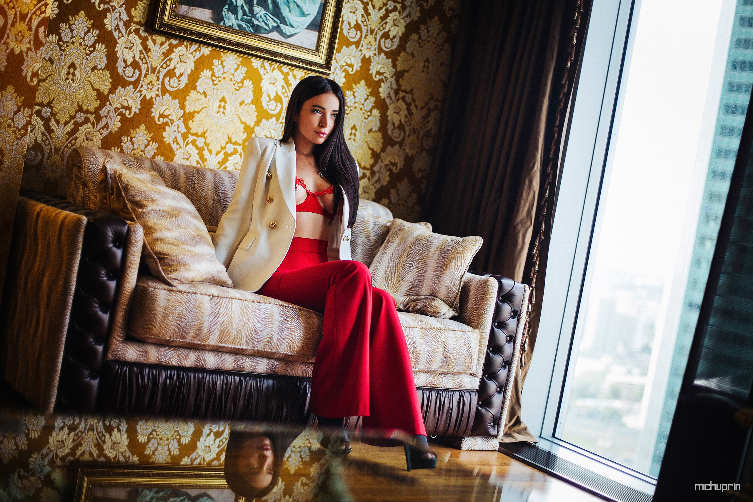 People 2560x1707 women model long hair looking away coats cleavage lingerie bra red bra pants high heels reflection sitting couch window smiling necklace indoors women indoors Maksim Chuprin