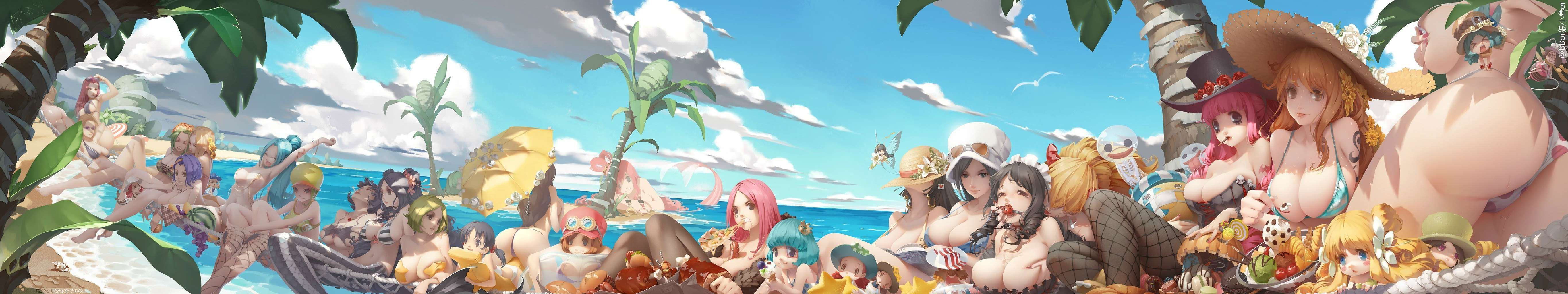 Anime 5461x1024 anime One Piece B.Bor artwork anime girls beach bikini cleavage ass big boobs Nami Nico Robin fruit palm trees seashells group of women women on beach women outdoors