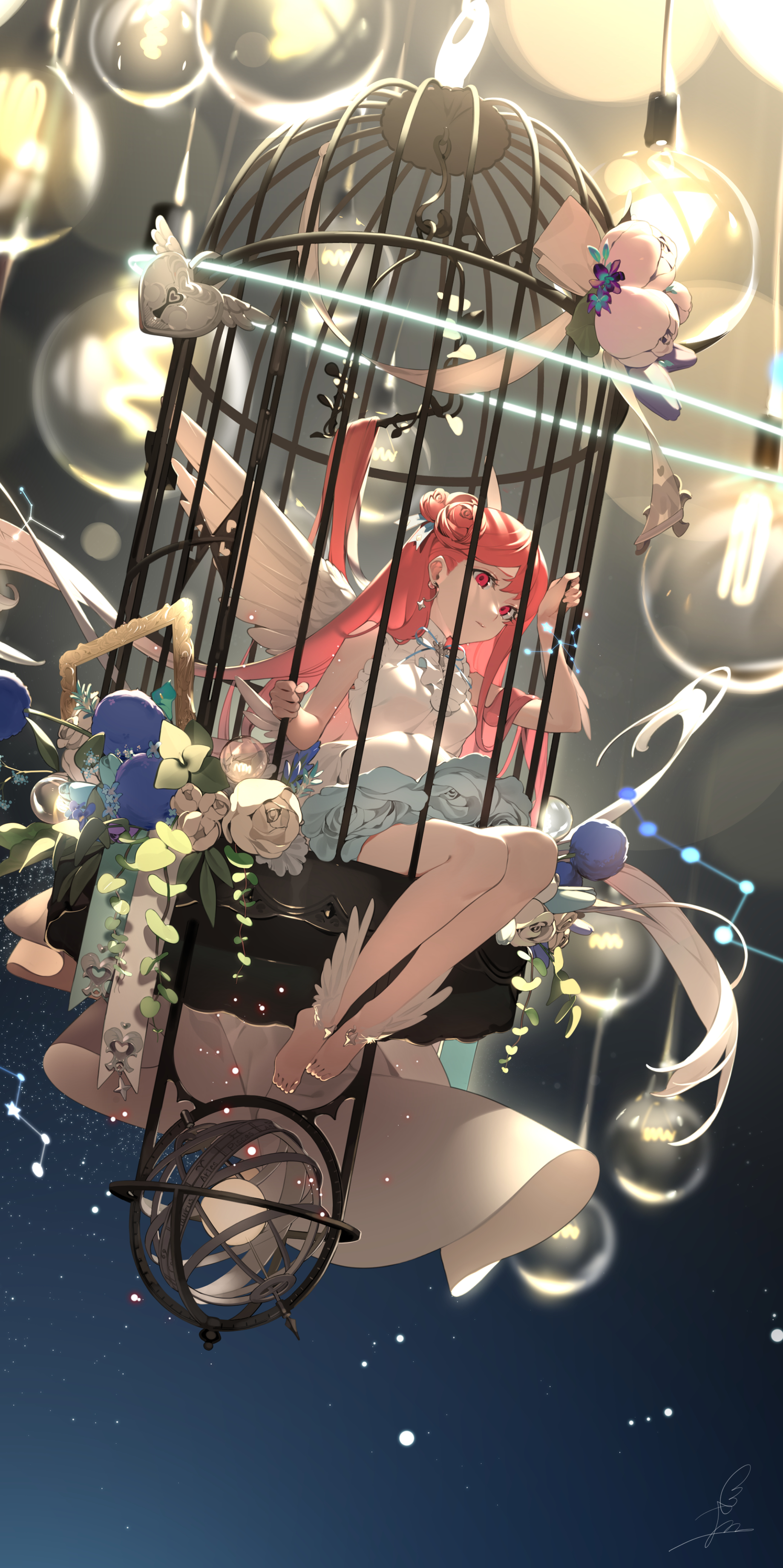 Anime 1838x3682 anime anime girls digital art artwork portrait display 2D ohisashiburi cages angel wings redhead red eyes dress barefoot