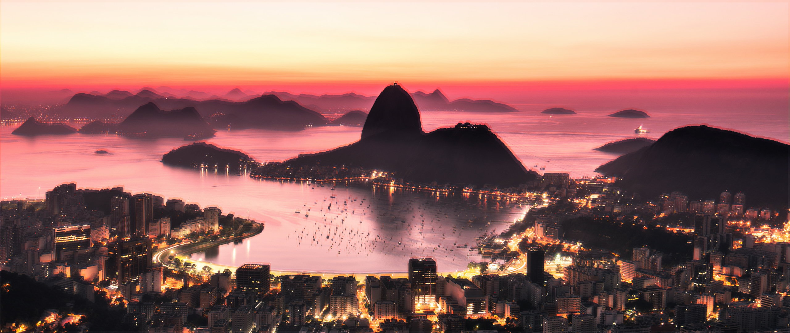 General 2560x1080 landscape city city lights neon purple synthwave Brazil Rio de Janeiro Sugarloaf Mountain Botafogo Beach