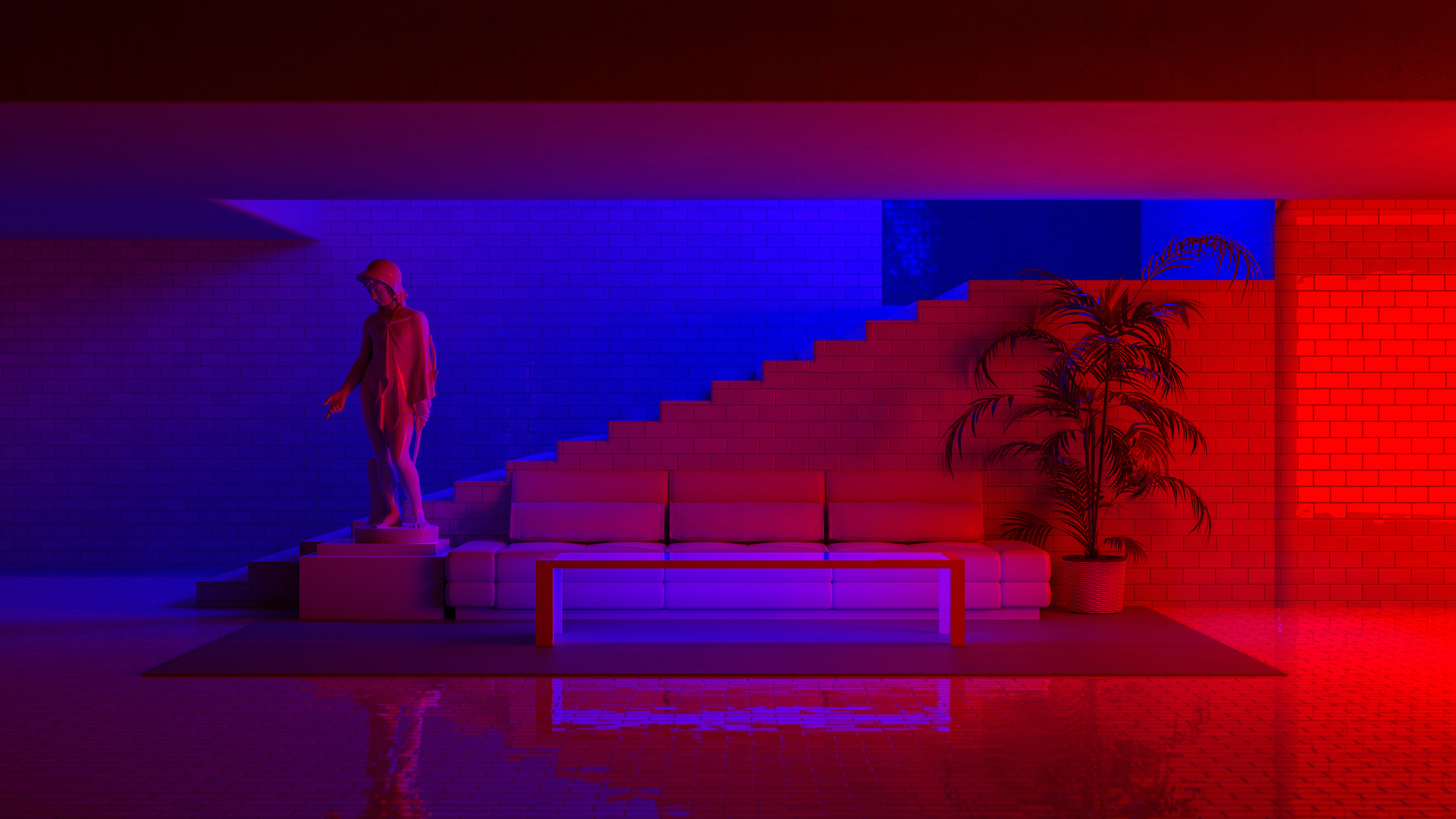 General 3840x2160 red blue statue Eros plants bricks couch neon interior design CGI digital art Blender minimalism