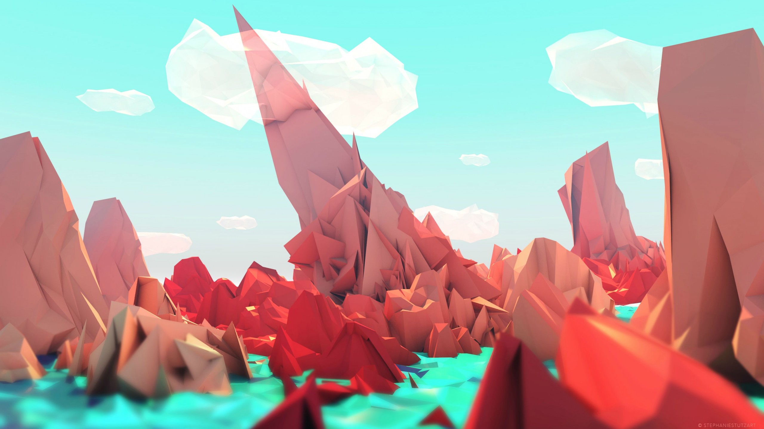 General 2560x1440 polygon art landscape sketches digital art cyan mountains