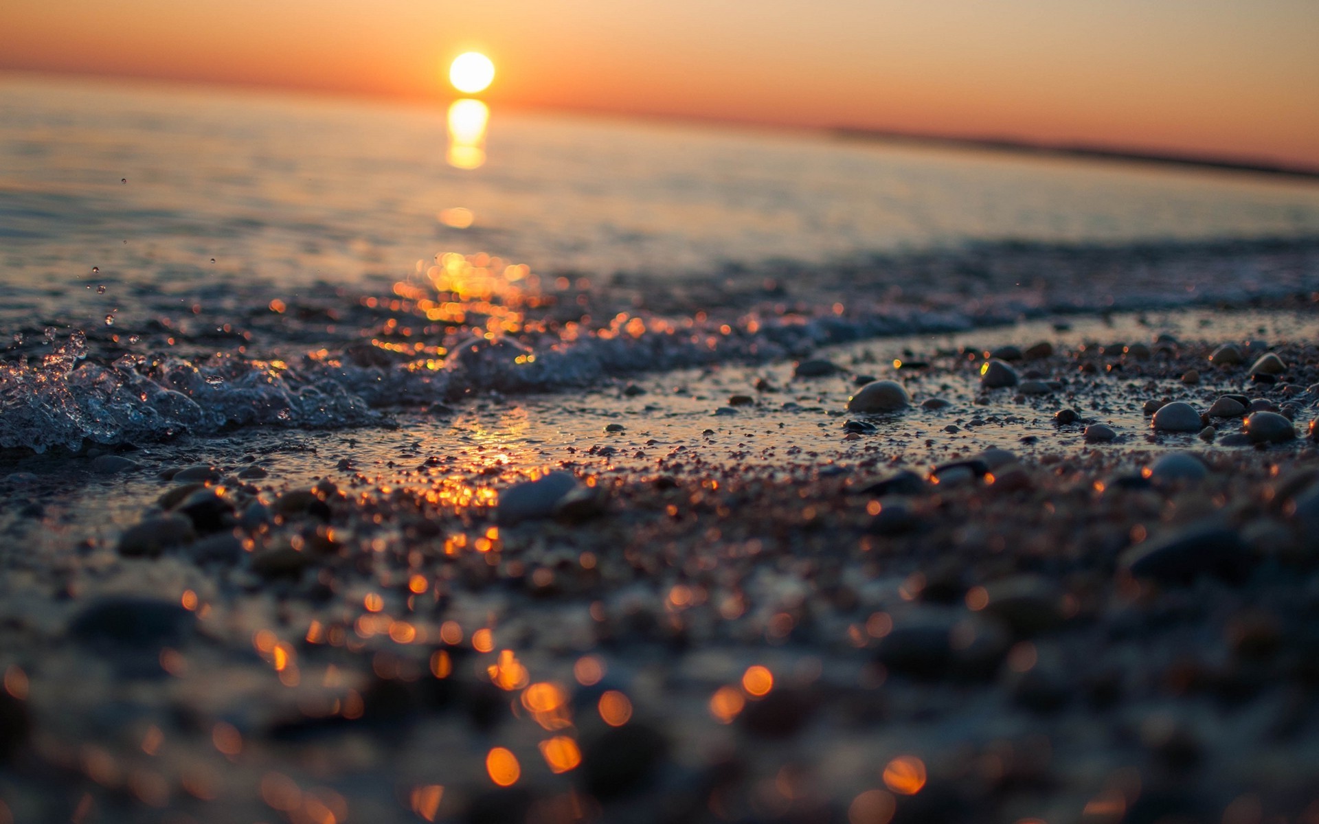 General 1920x1200 sunset reflection bokeh water nature photography depth of field waves stones