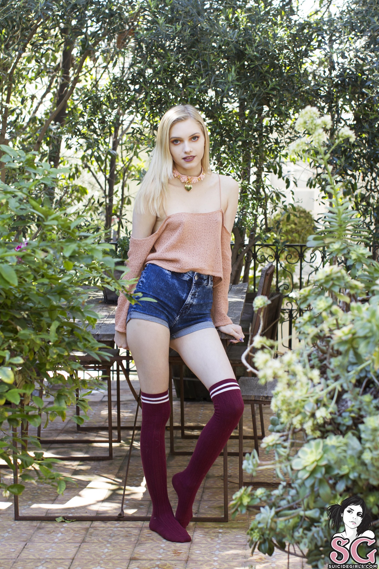 People 1280x1920 Sarina Suicide blonde Suicide Girls women model women outdoors looking at viewer tank top stockings jean shorts portrait display standing necklace bare shoulders tiptoe watermarked