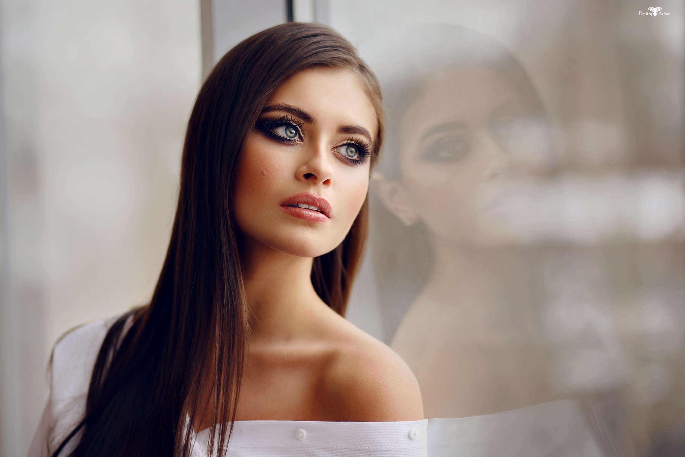 People 2285x1524 Dmitry Arhar long hair reflection makeup women model portrait brunette long eyelashes looking into the distance bare shoulders looking out window straight hair Alina closeup watermarked