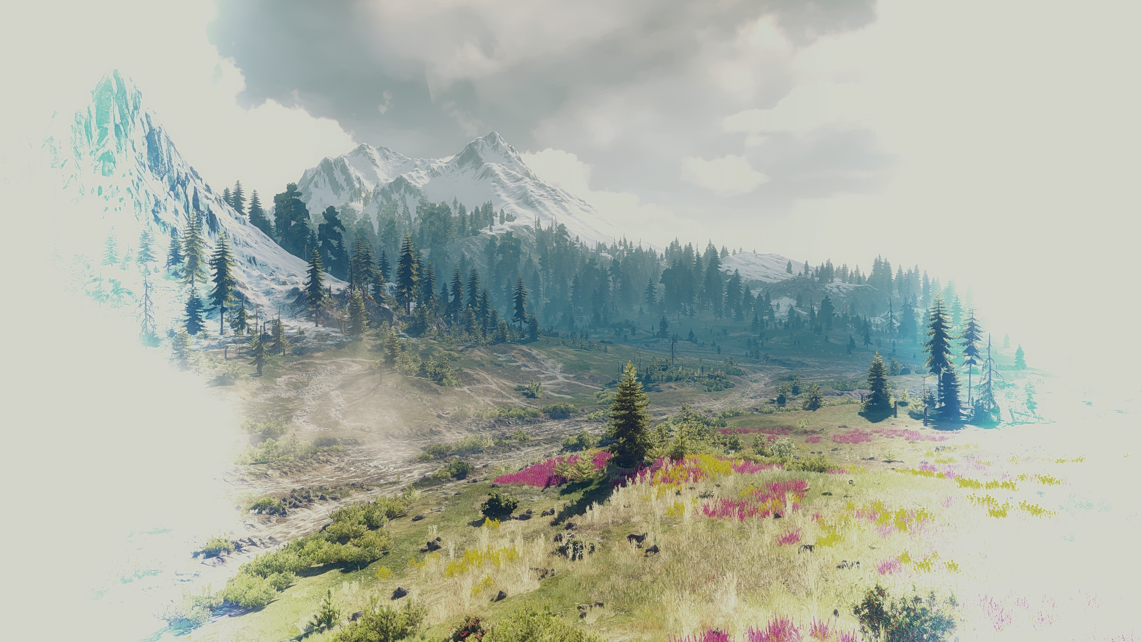 General 3840x2160 The Witcher 3: Wild Hunt painting mountains trees snow clouds grass The Witcher video game art video games
