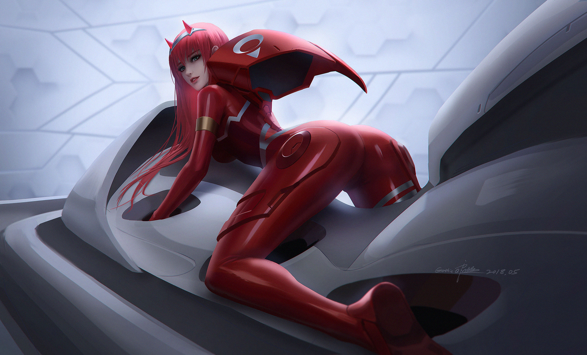 Anime 1900x1151 Zero Two (Darling in the FranXX) Darling in the FranXX anime bodysuit bent over ass