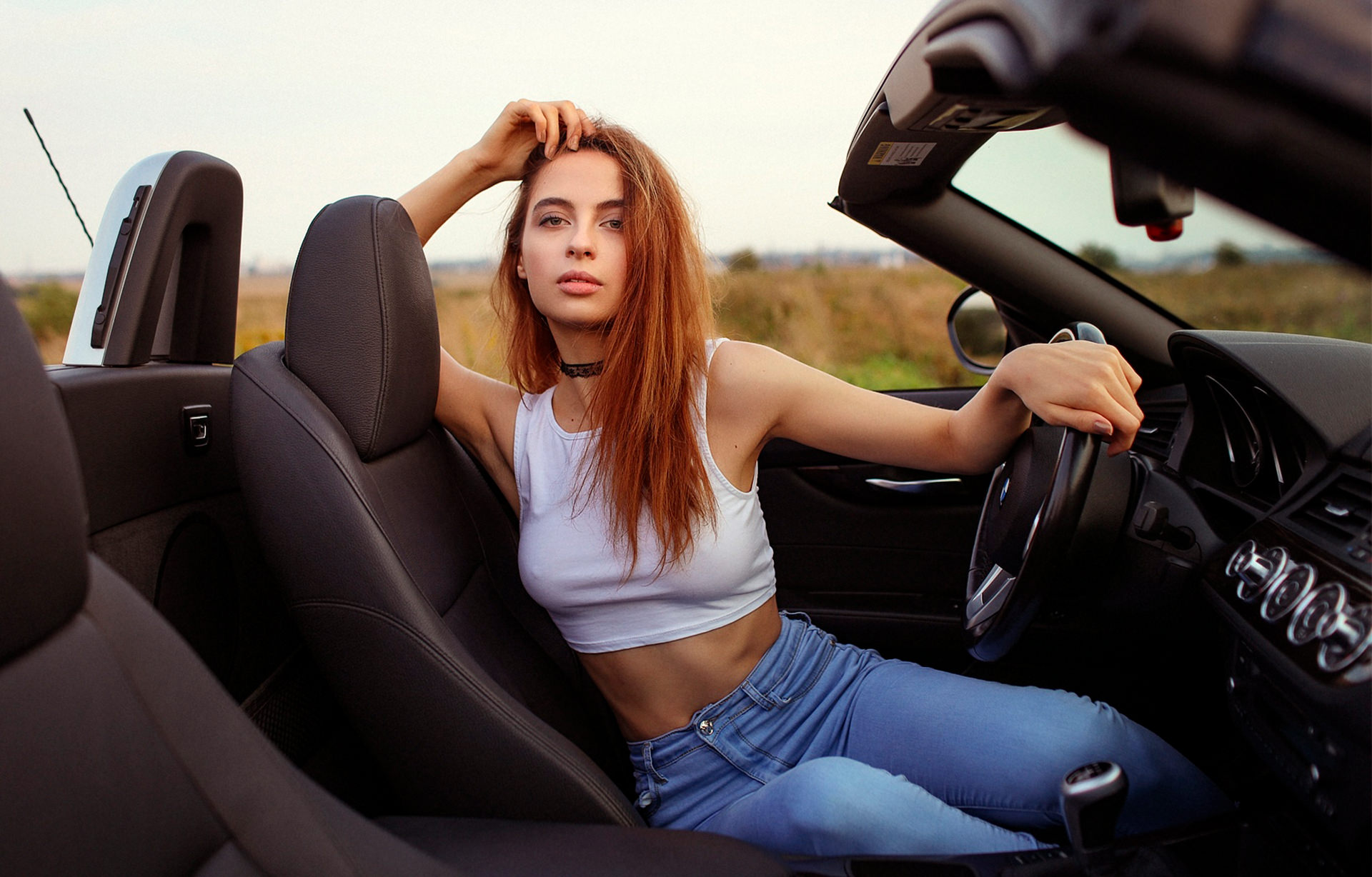 People 1920x1228 women portrait redhead BMW choker tank top jeans women with cars crop top arms up armpits looking at viewer BMW Z4 car nipple bulge