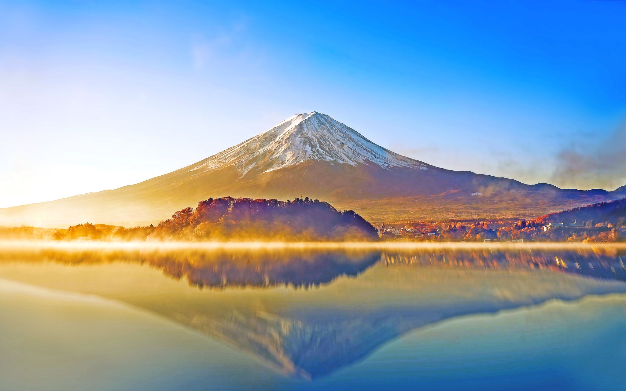 General 2048x1280 nature Mount Fuji landscape sunrise reflection mountains volcano mist lake snowy peak