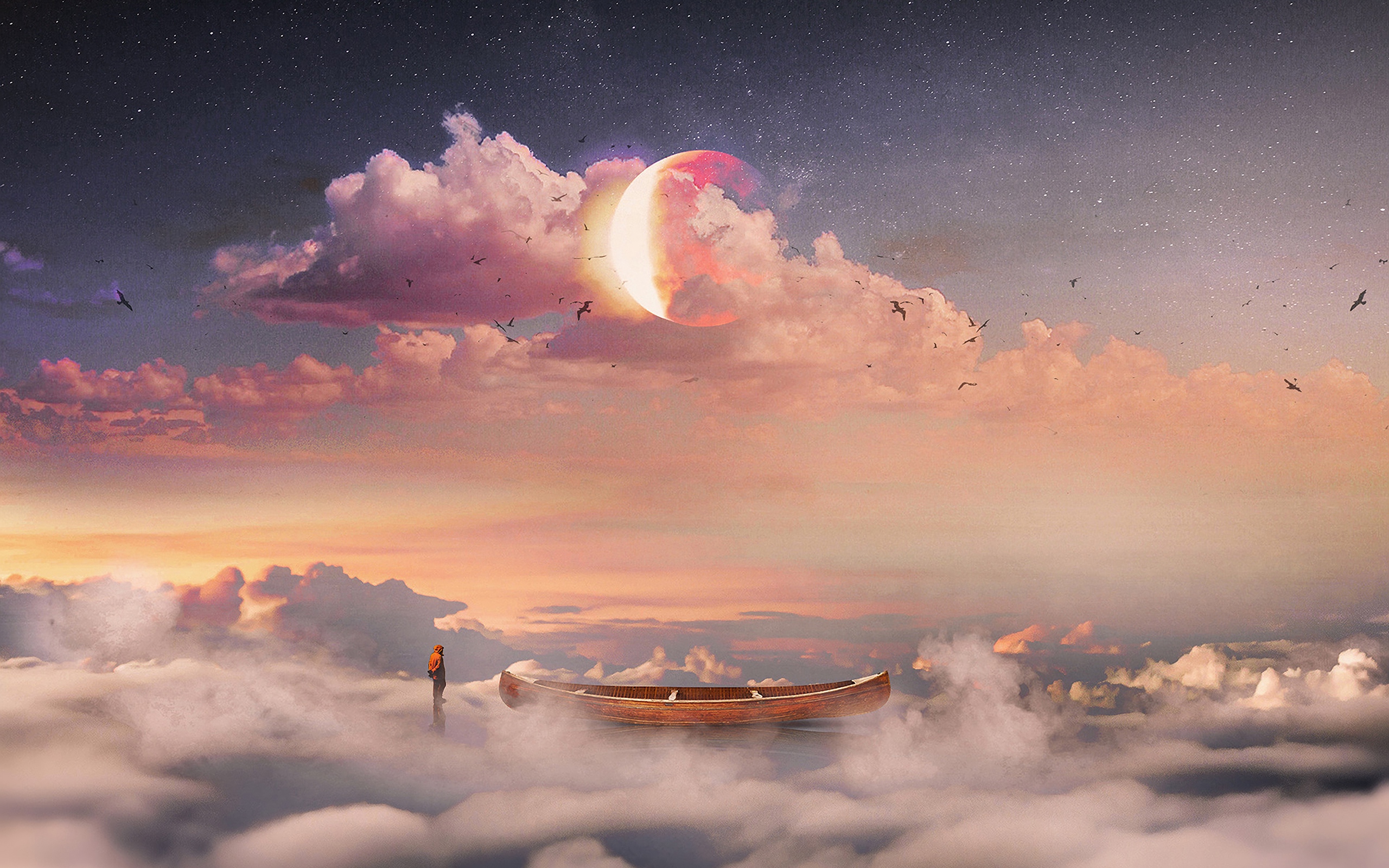 General 2560x1600 fantasy art sky planet clouds boat men digital art stars