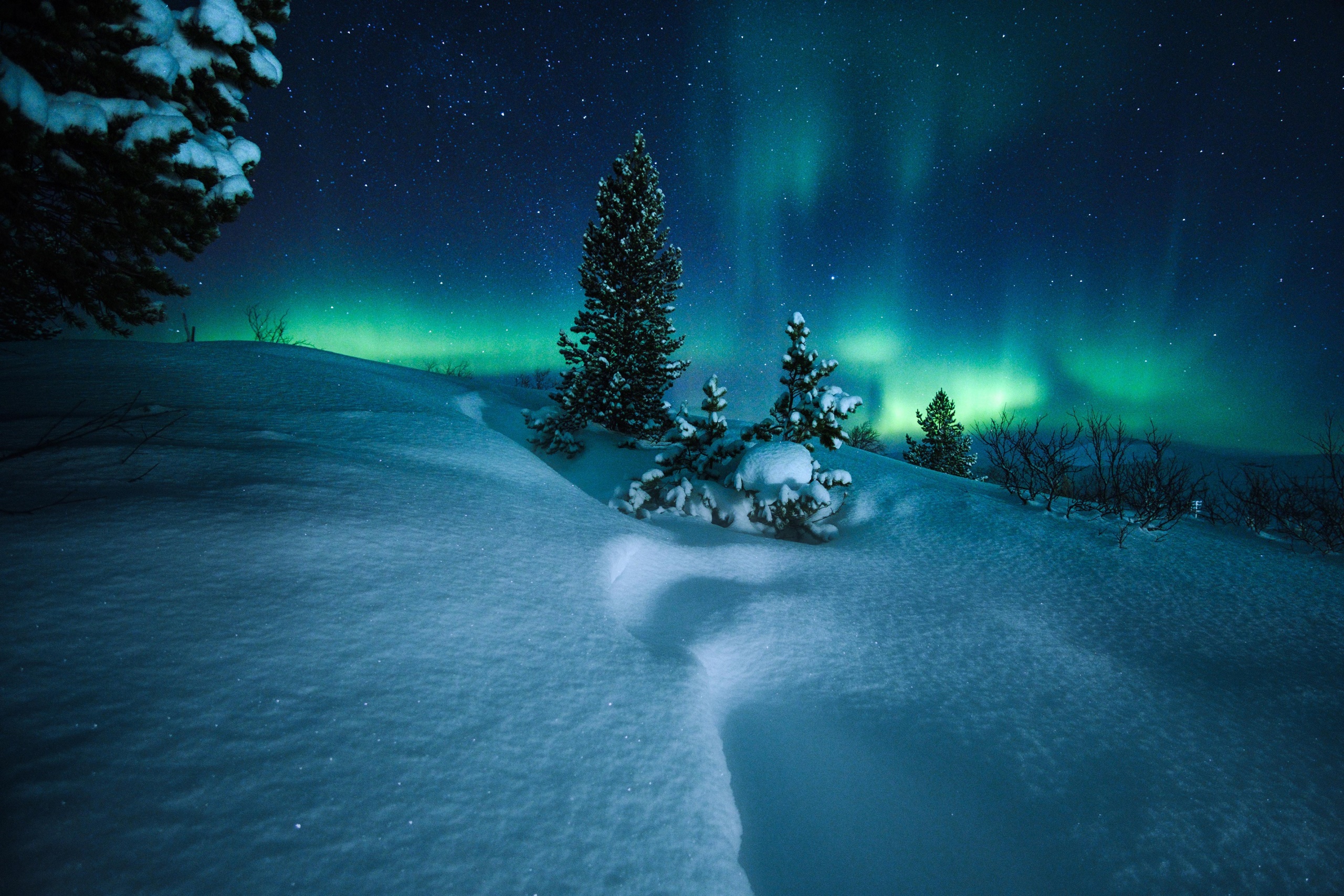 General 2560x1707 nature snow night winter blue stars aurorae