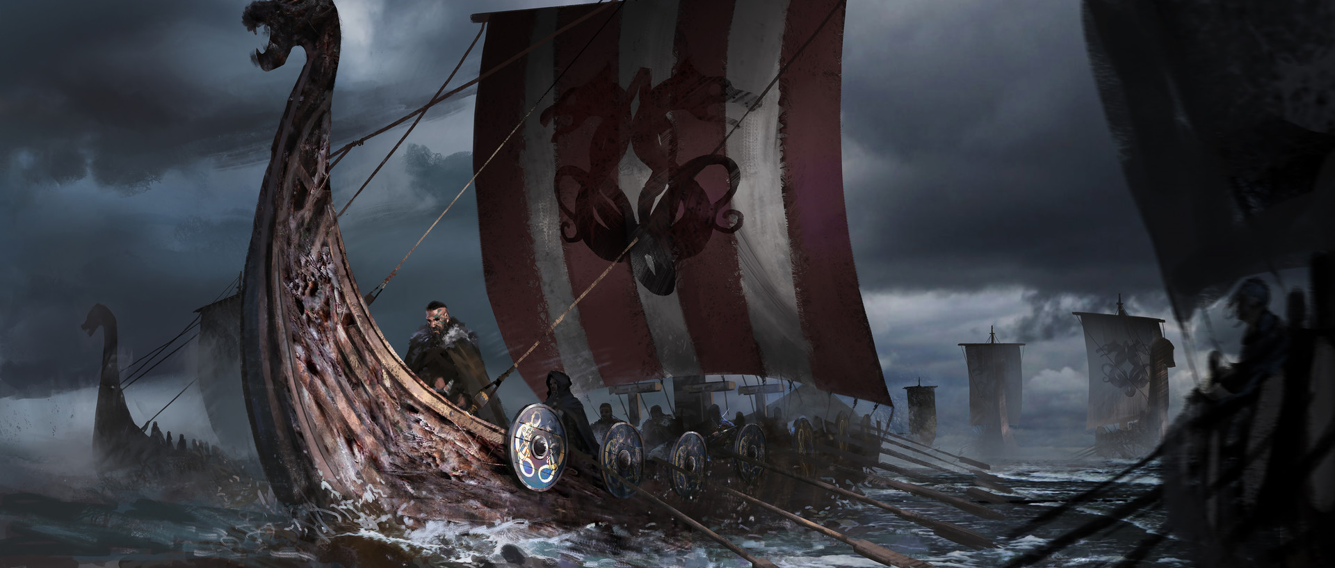 General 1920x817 digital art warrior soldier ship sea fantasy art shield