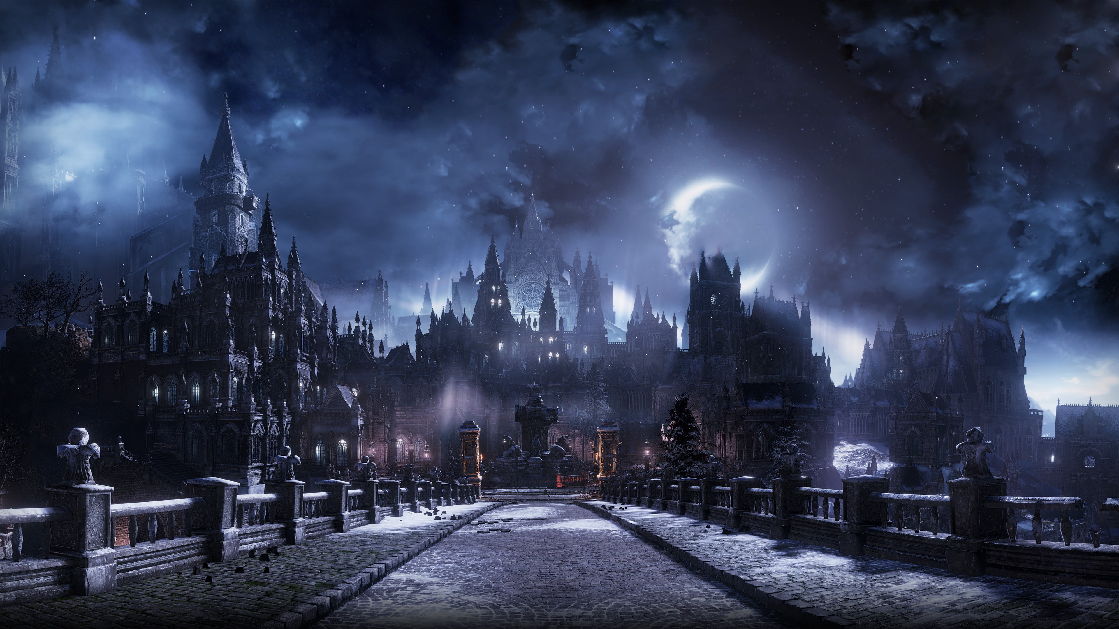 General 3840x2160 digital art fantasy art Dark Souls III castle night Moon clouds video games cityscape tower snowing