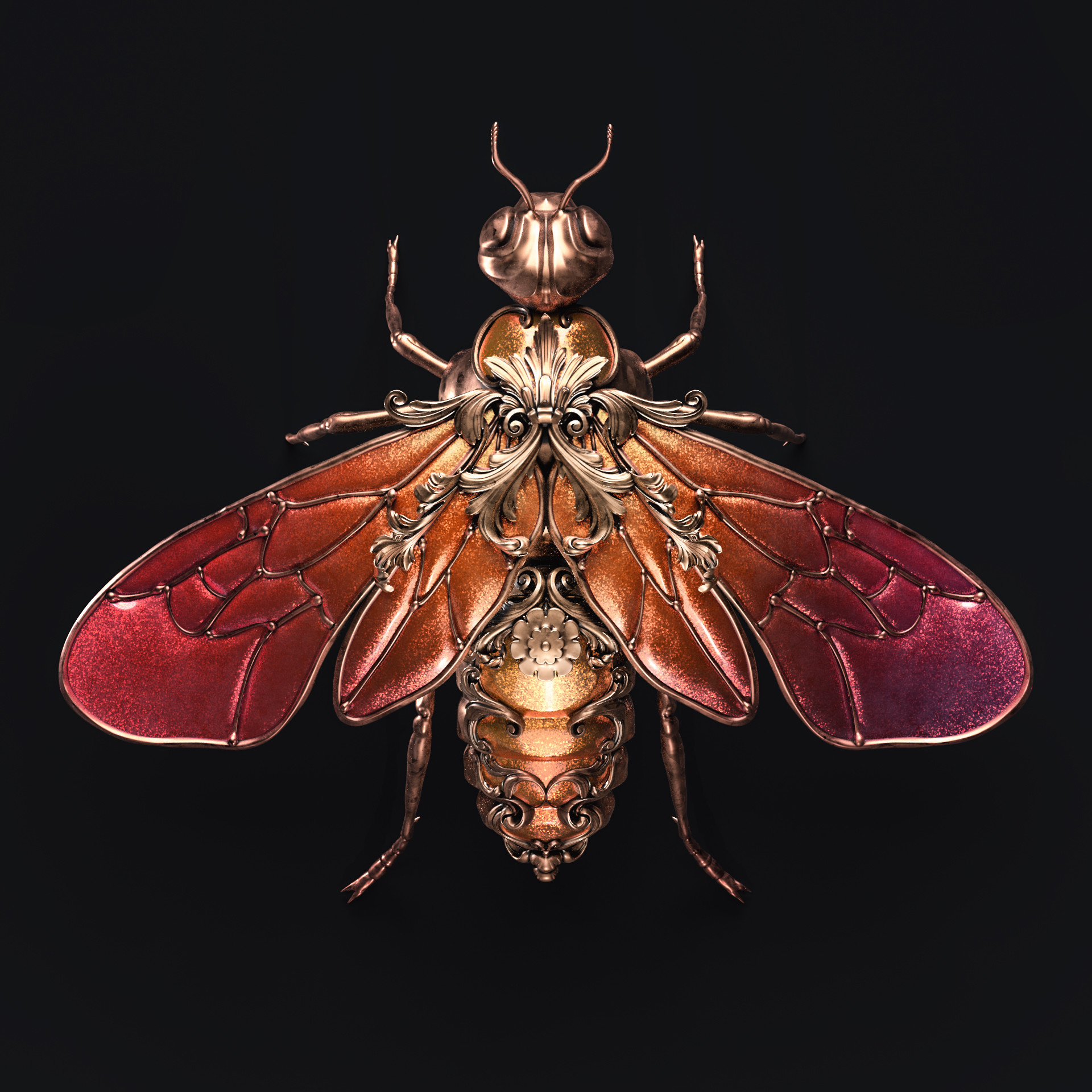 General 1920x1920 Sasha Vinogradova jewel 3D render insect ornamented copper black background