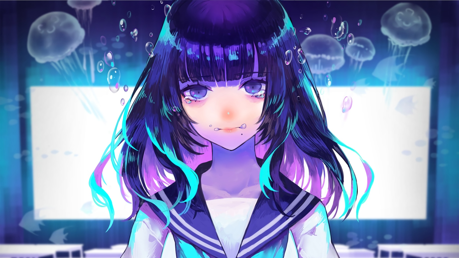 Anime 1920x1080 anime anime girls schoolgirl crying sailor uniform looking at viewer underwater bubbles