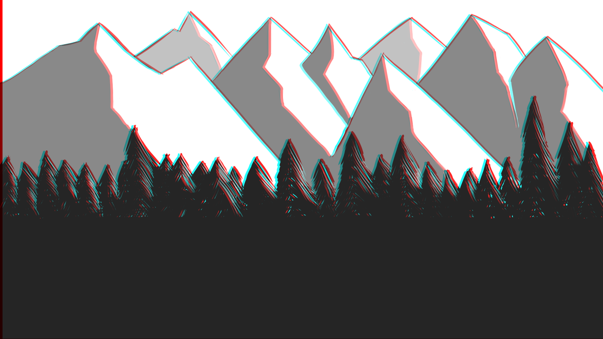General 1920x1080 monochrome nature forest mountain top hills landscape white gray snow digital art drawing chromatic aberration