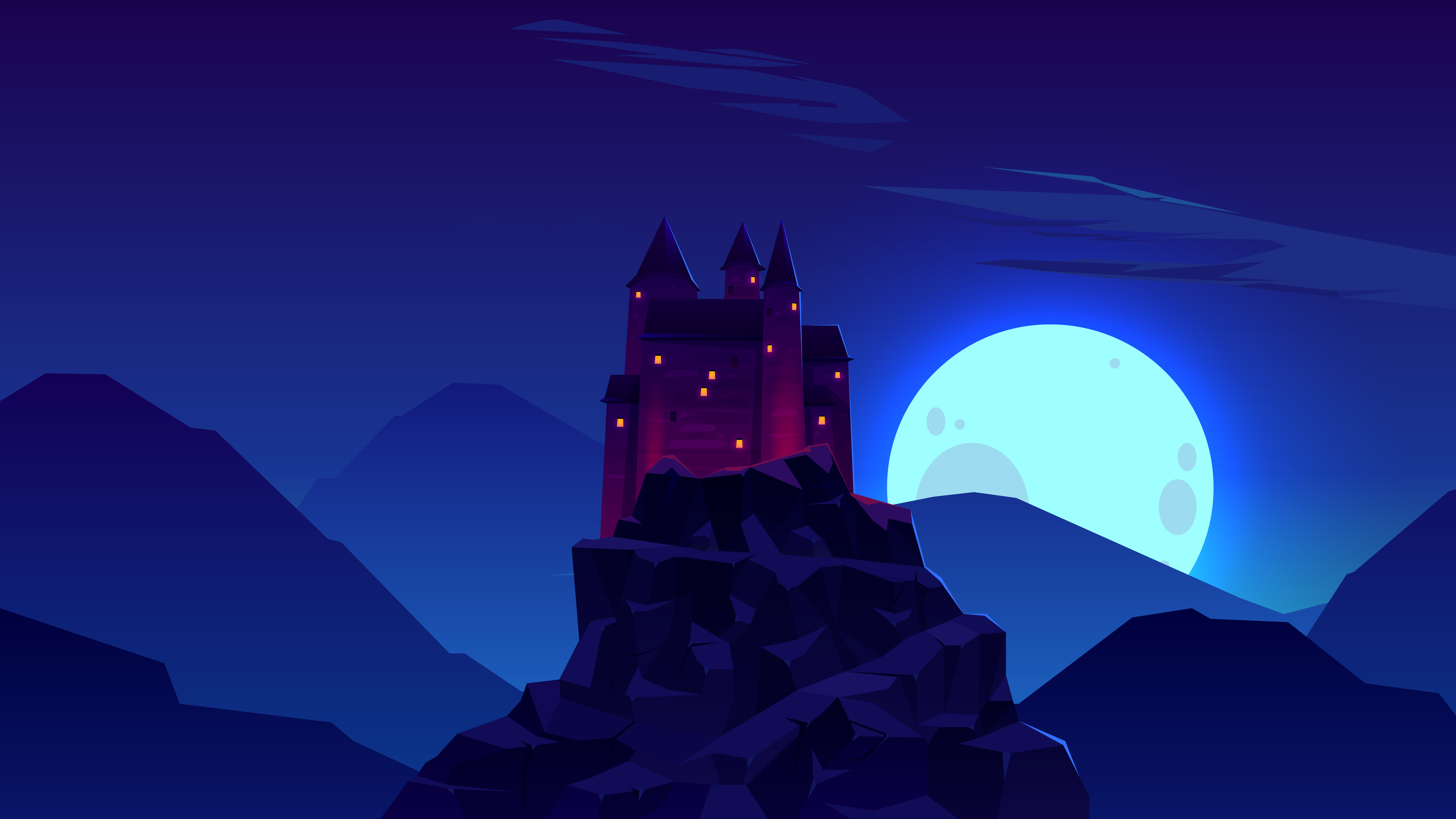 General 7680x4320 artwork castle mountains Moon rocks night minimalism blue sky