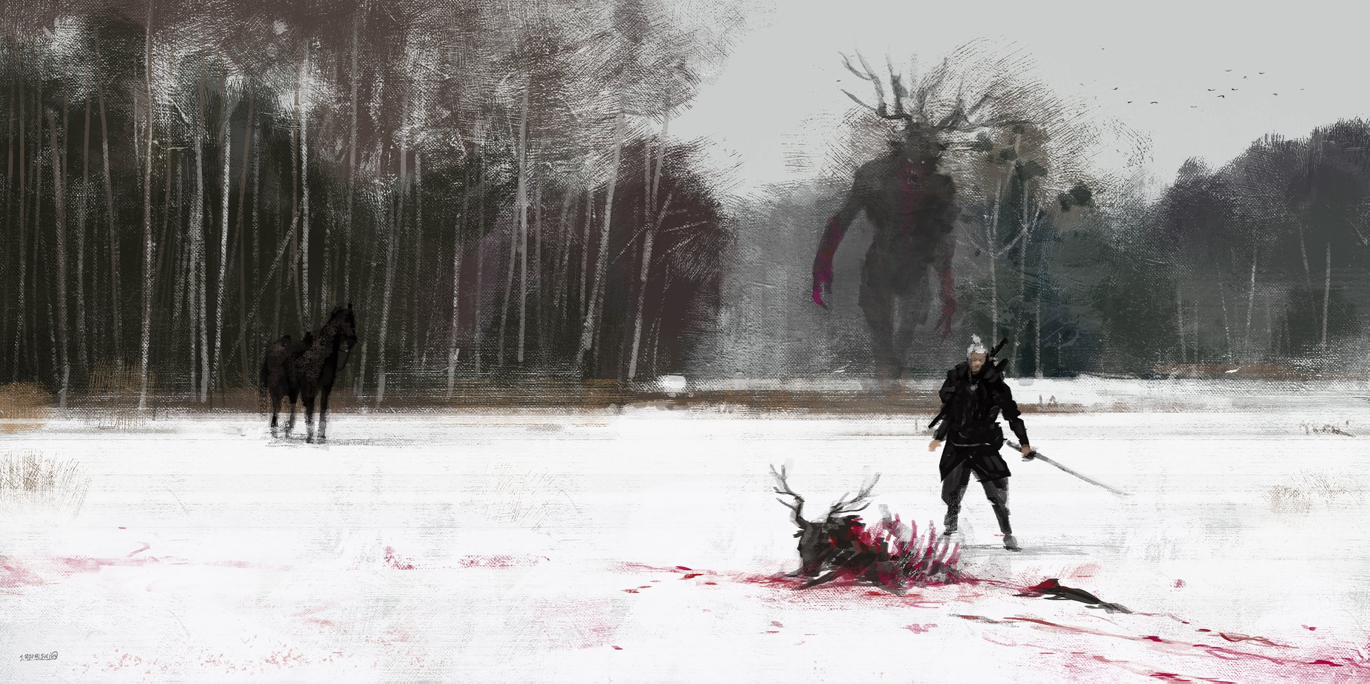 General 1994x996 snow forest creature warrior blood corpse sword Jakub Różalski The Witcher The Witcher 3: Wild Hunt video game art digital art