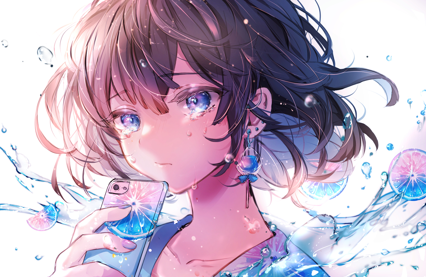 Anime 1748x1137 anime face anime girls blue eyes tears brunette Chigiri Kurenai smartphone water