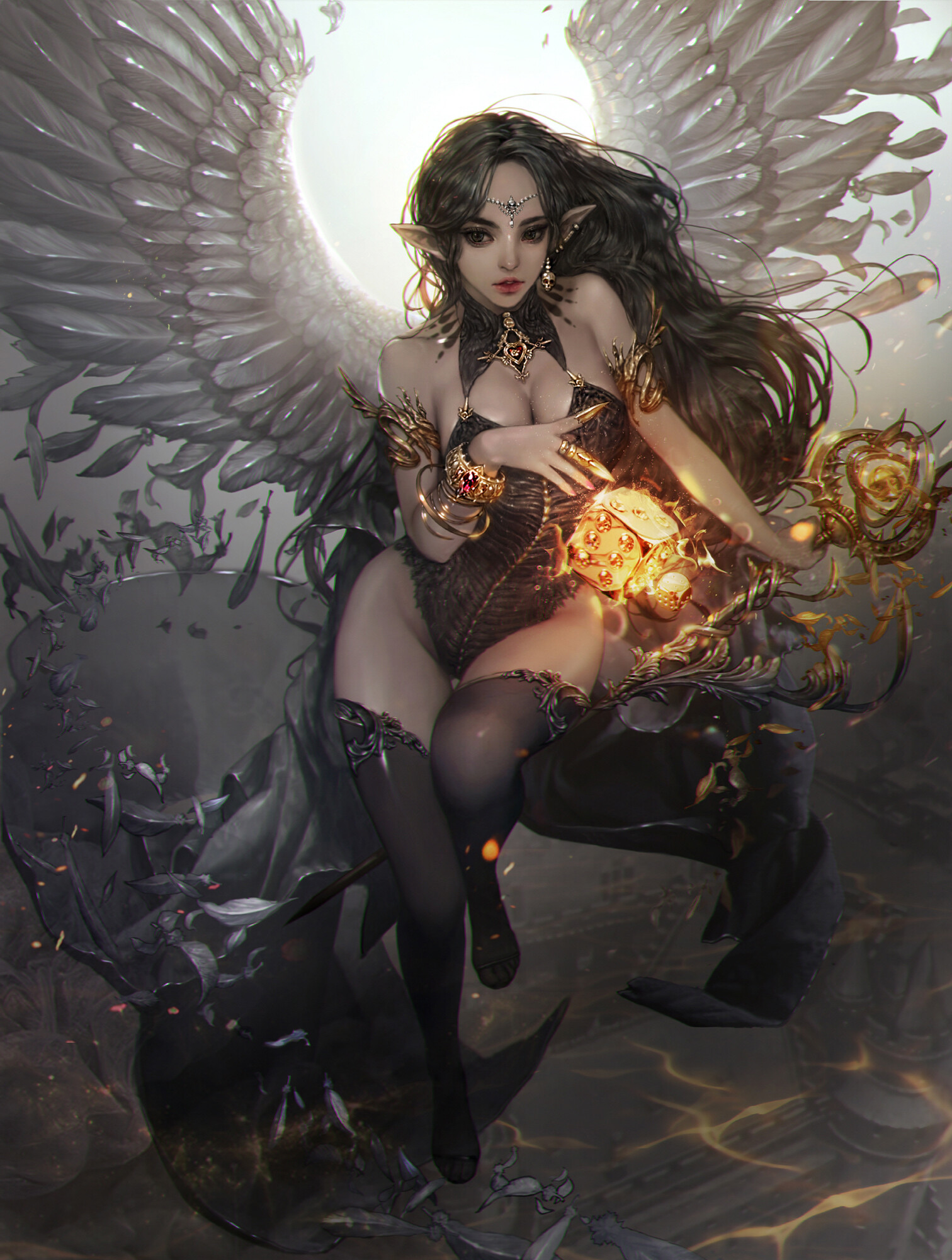 General 1512x2000 Red Chai drawing women wings thigh-highs bodysuit cleavage pointy ears elves feathers spell shattered tiaras
