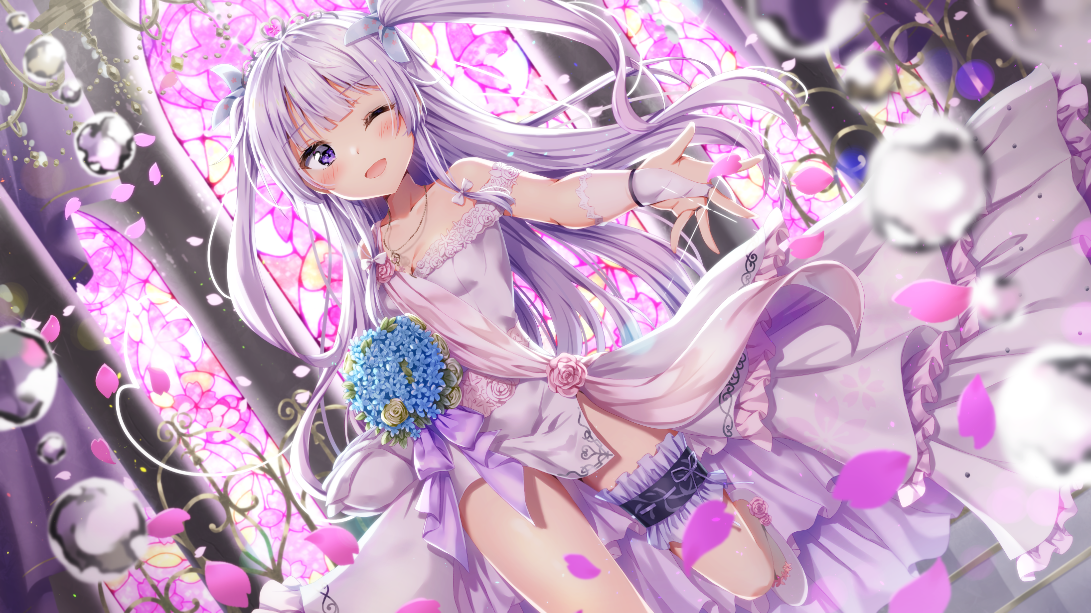 Anime 2189x1231 anime anime girls digital art artwork 2D portrait Kuria purple eyes wink blushing silver hair petals dress bare shoulders