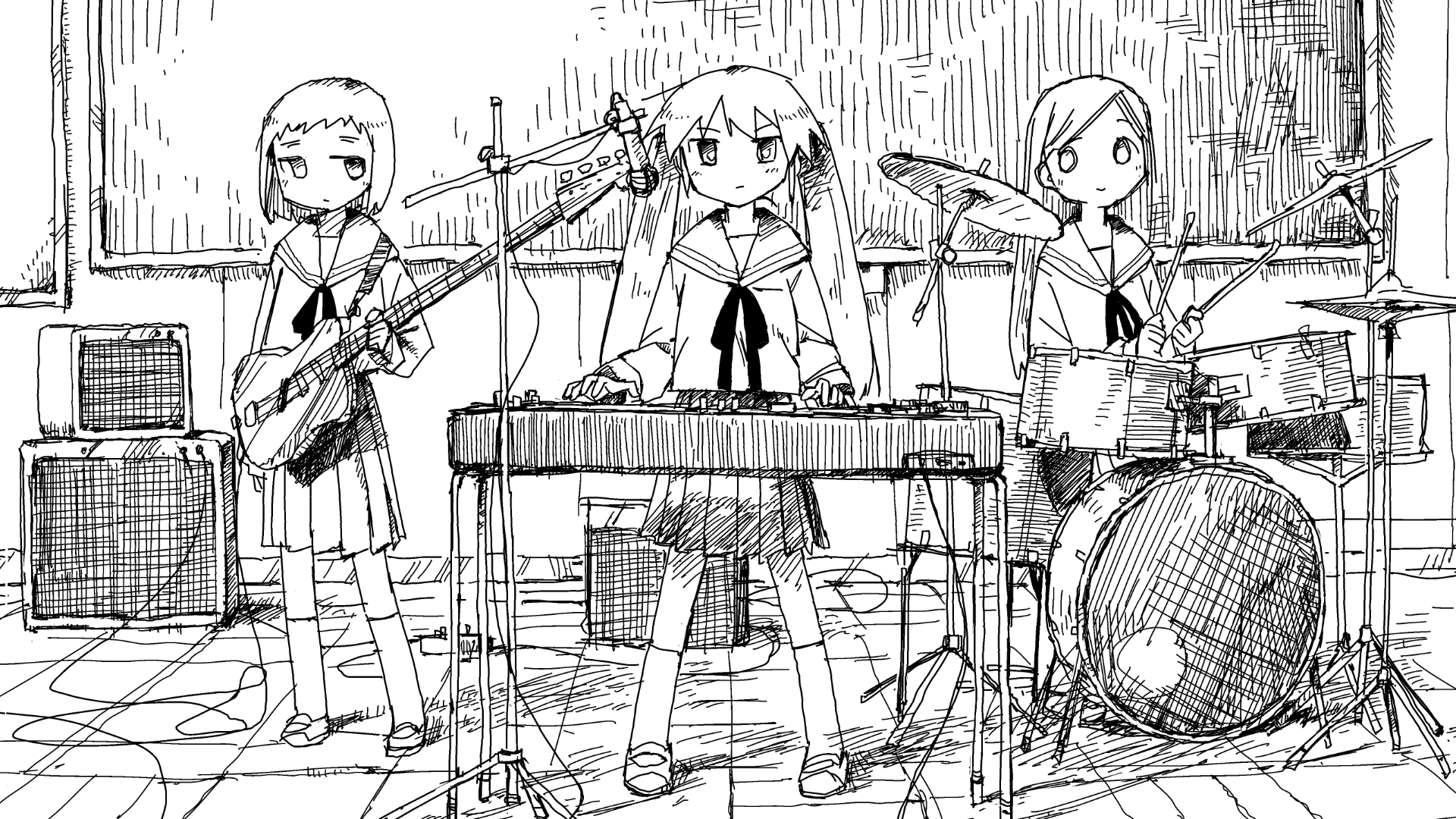 Anime 1920x1080 artwork anime girls monochrome school guitar piano drums music band
