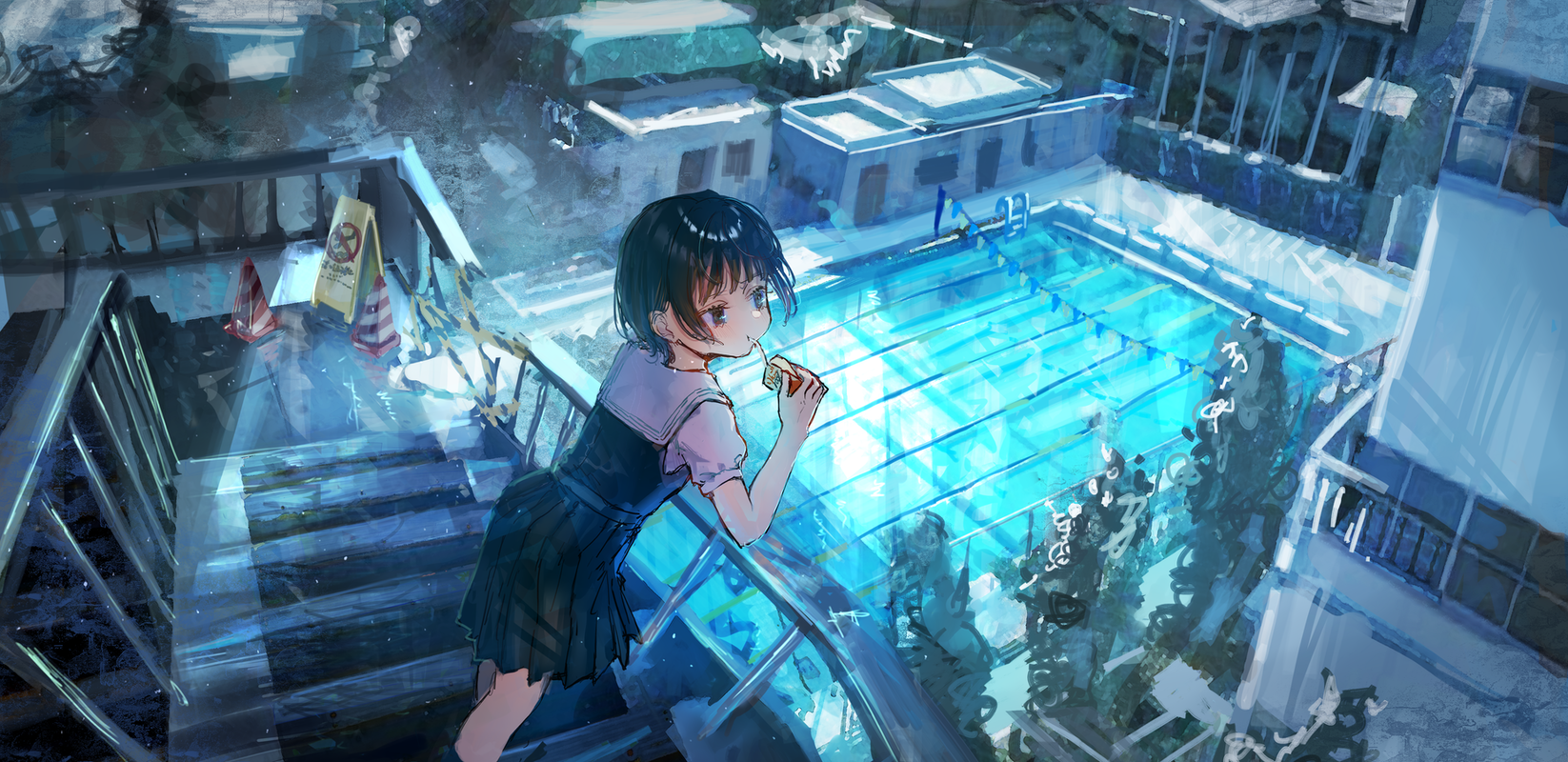 Anime 1646x800 anime anime girls digital art artwork 2D portrait swimming pool school uniform short hair