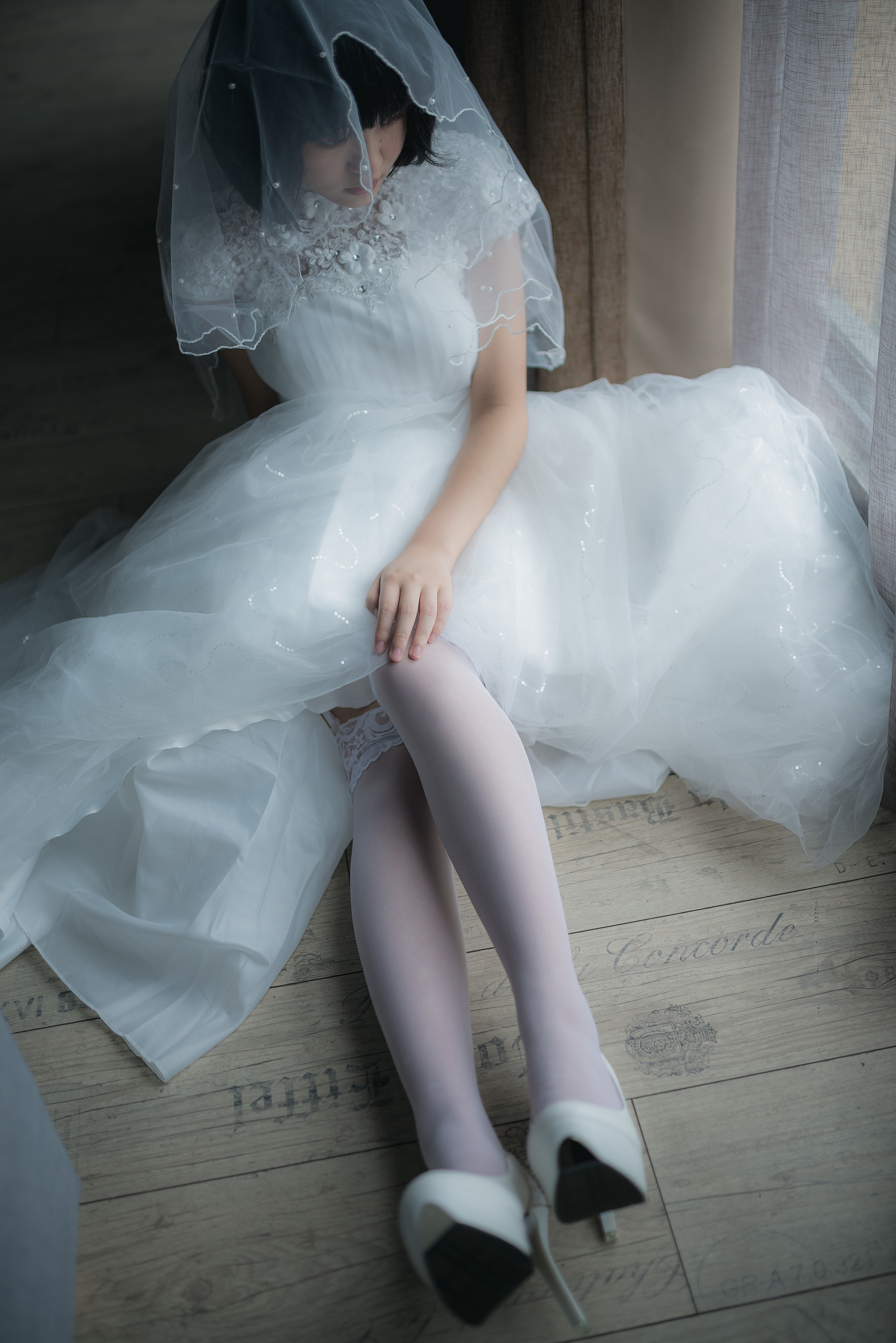 People 4016x6016 Asian dark hair women sitting on the floor brides wedding dress women indoors heels white stockings