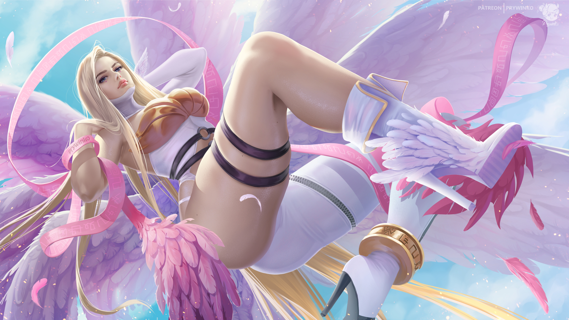 Anime 1920x1080 Prywinko drawing Digimon women angewomon blonde ribbon pink low-angle straps wings flying feathers