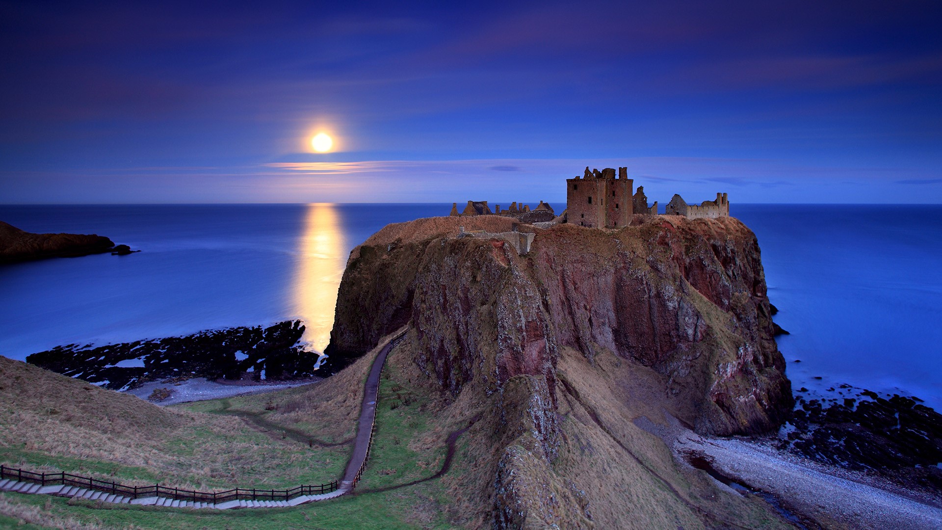 General 1920x1080 nature landscape island stairs castle ruins horizon clouds sky water sea moonlight Moon Scotland