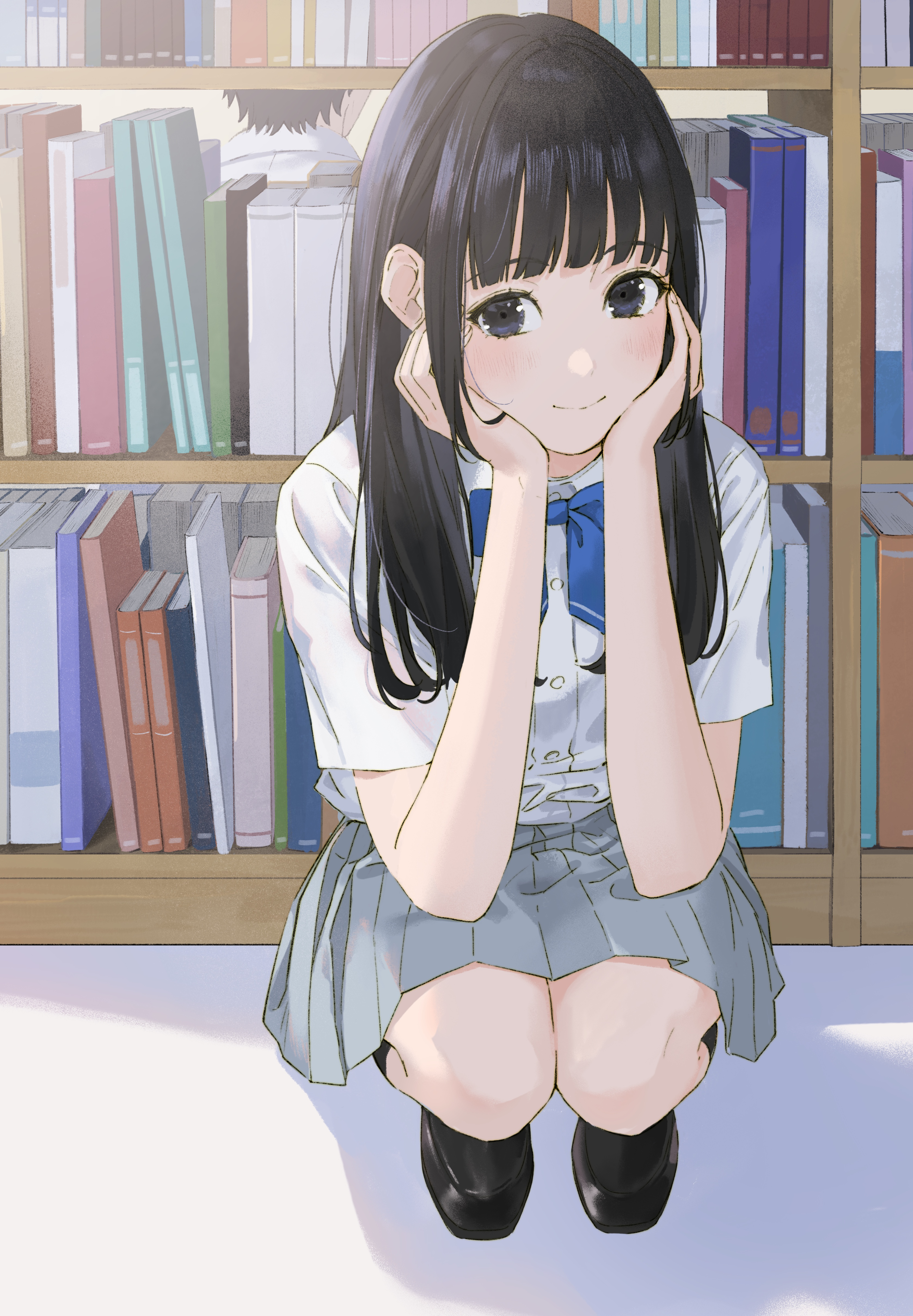 Anime 3354x4835 anime anime girls digital art artwork 2D portrait display Sako school uniform squatting smiling dark hair dark eyes library books
