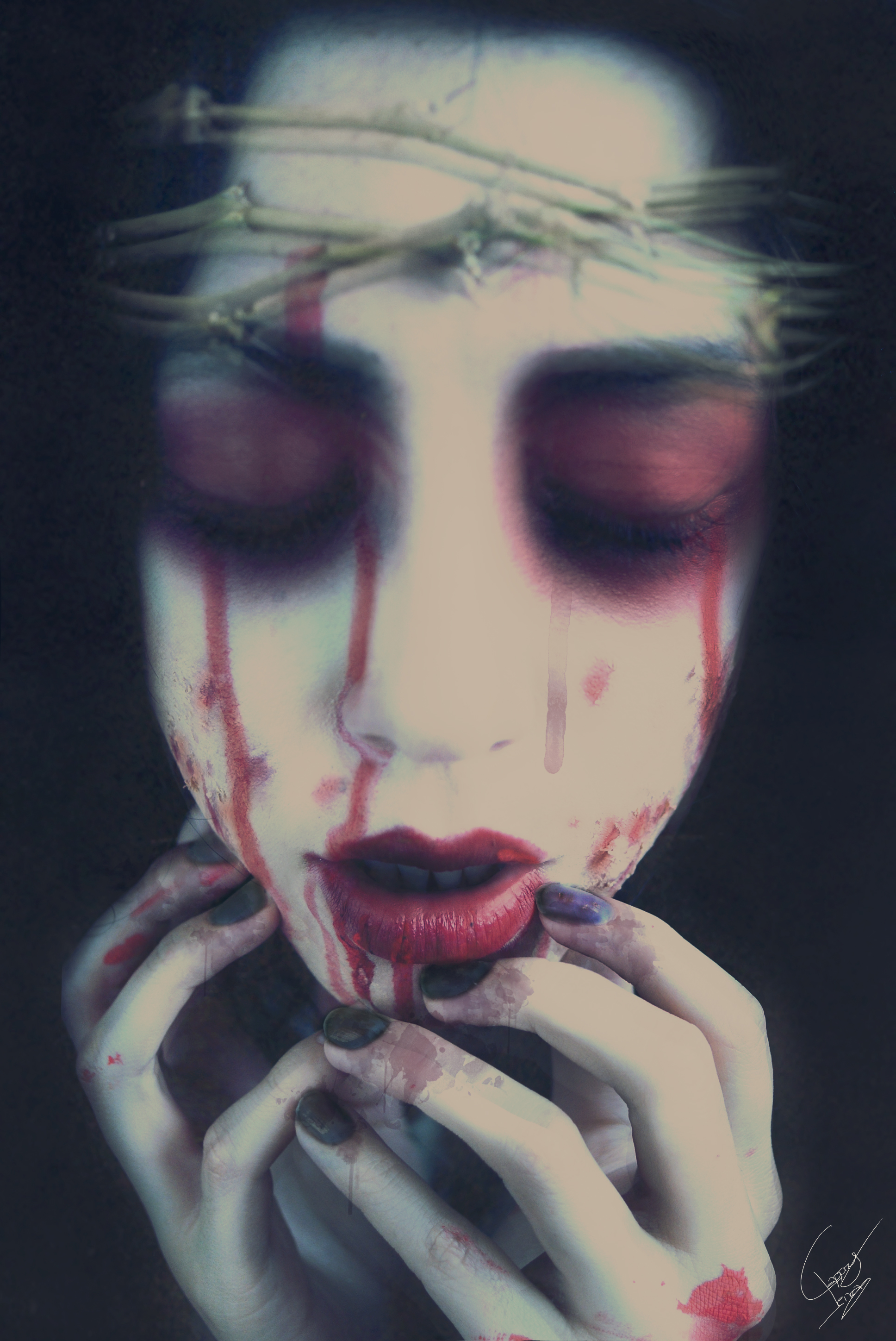 People 1936x2896 TheComtesse (Marion D' Angoulême) photo manipulation creepy blood horror photography crown thorns women red lipstick painted nails portrait display signature