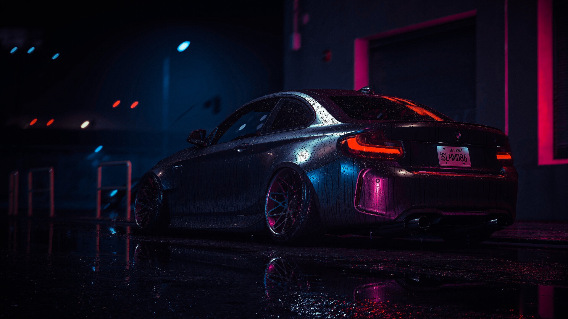 car, dark, digital art, vehicle, BMW, BMW 2 Series, rain, glowing