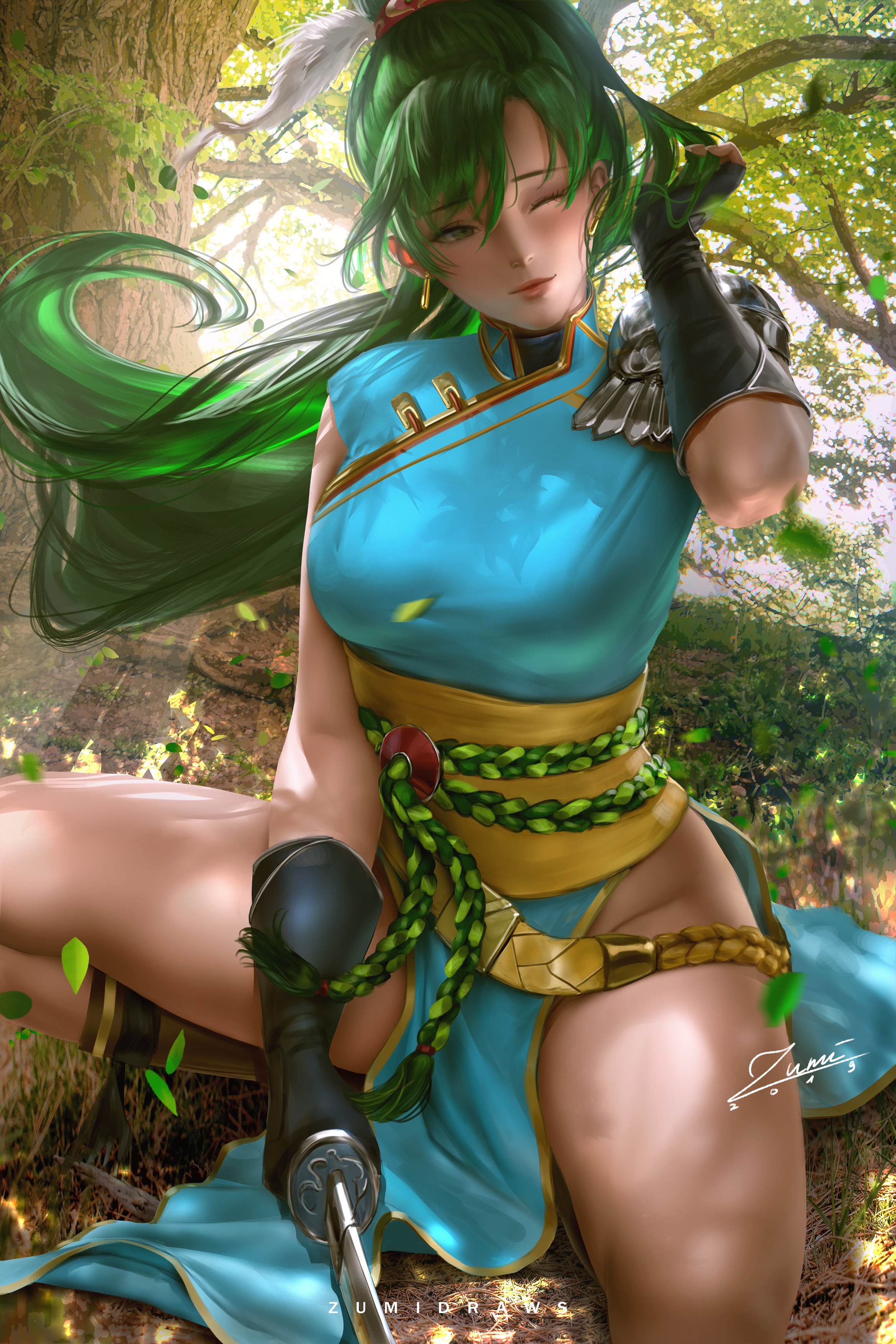 General 2339x3508 Lyn (Fire Emblem) Fire Emblem green hair ponytail long hair wink looking away portrait display leaves cheongsam Chinese dress belt armor shoulder pads gloves sword weapon kneeling outdoors forest trees video games video game characters video game girls artwork drawing digital art fan art Zumi thick thigh thighs
