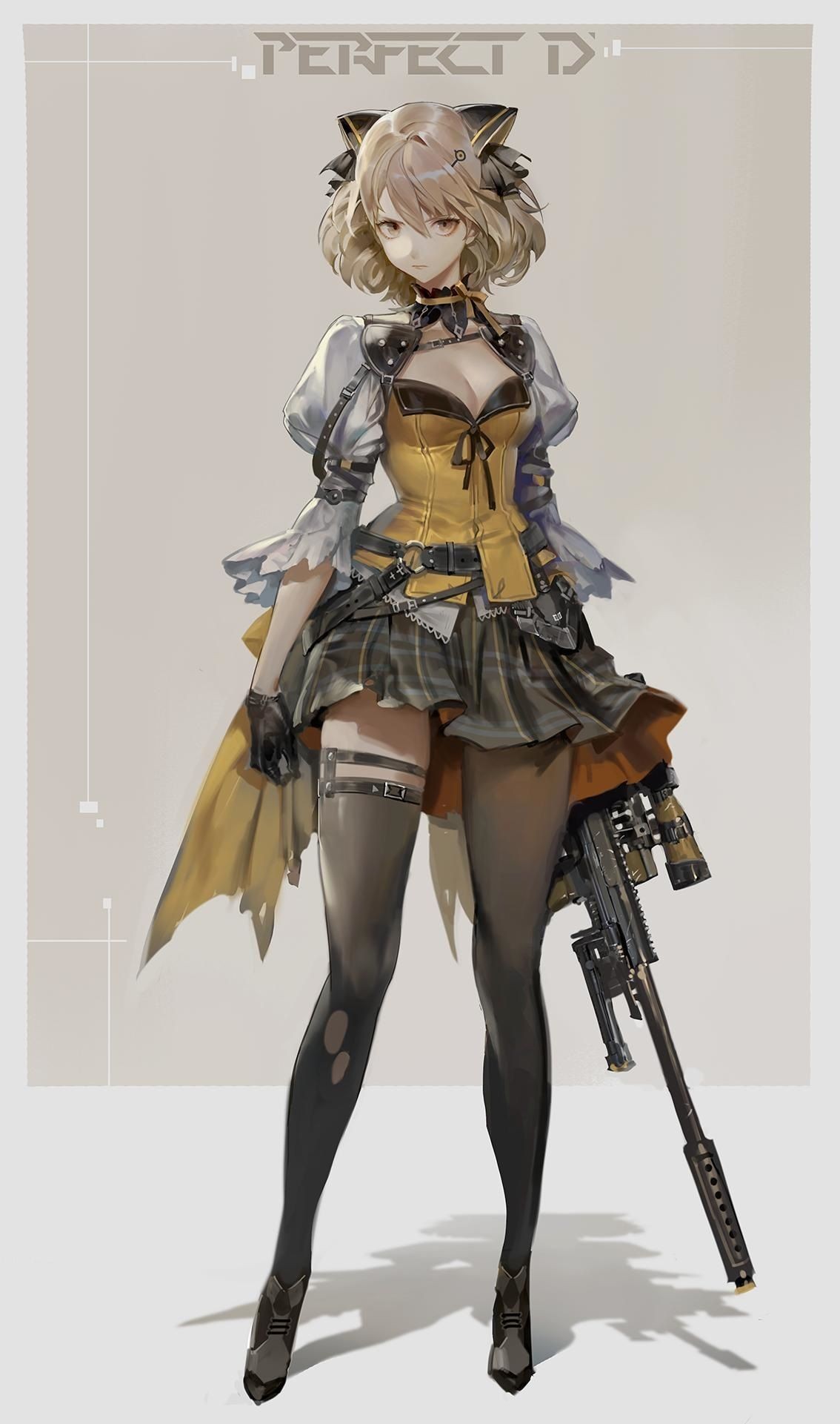 Anime 1134x1921 weapon anime anime girls short hair blonde skirt simple background portrait display girls with guns