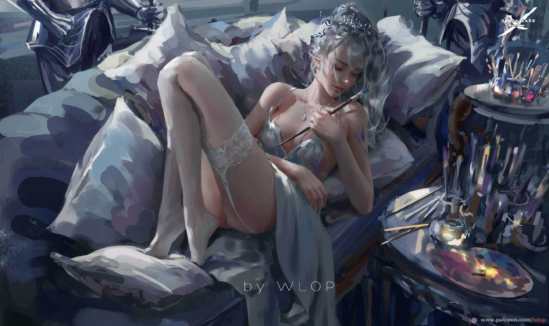 General 1815x1080 digital art artwork women WLOP pointy ears thigh-highs thighs cleavage dress painting elves Ghostblade white stockings