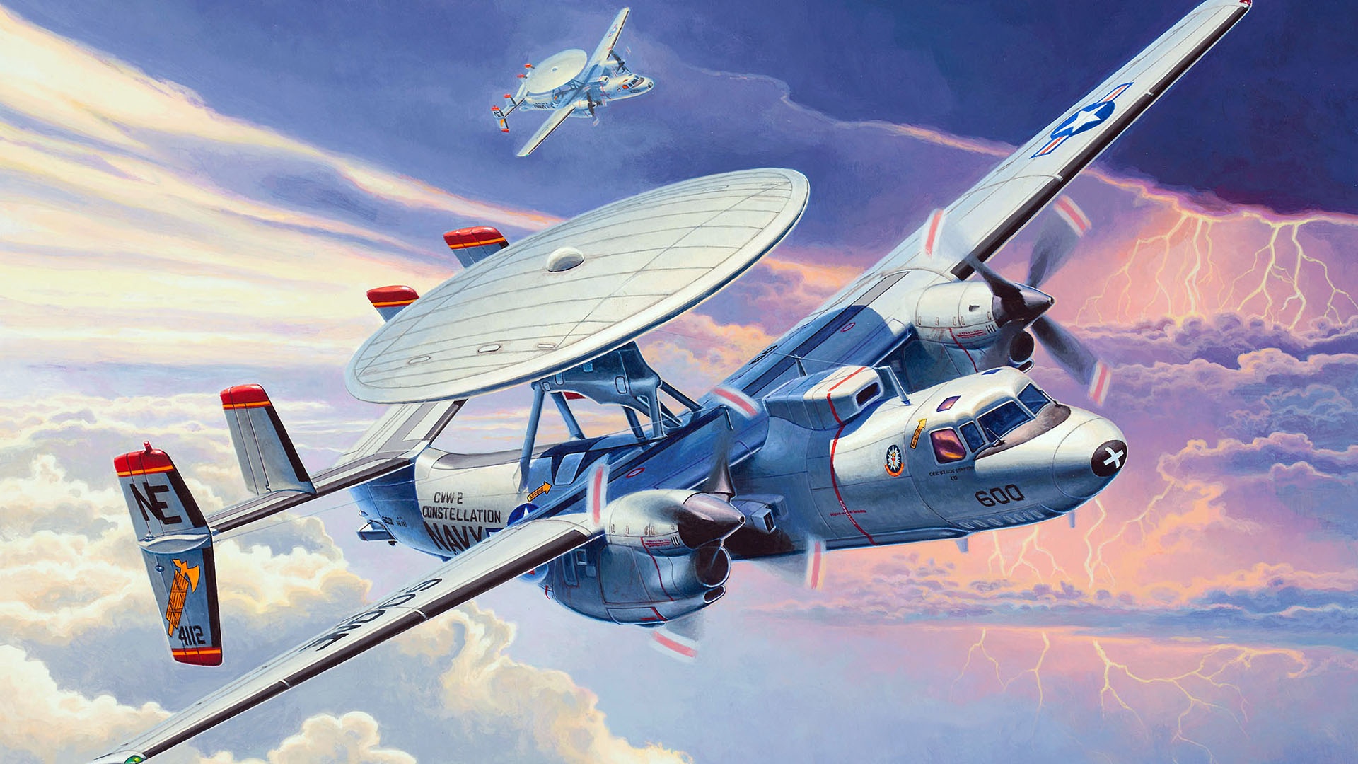 General 1920x1080 Northrop Grumman E-2 Hawkeye artwork aircraft military military aircraft numbers United States Navy Boxart flying storm clouds storm lightning American aircraft Northrop Grumman